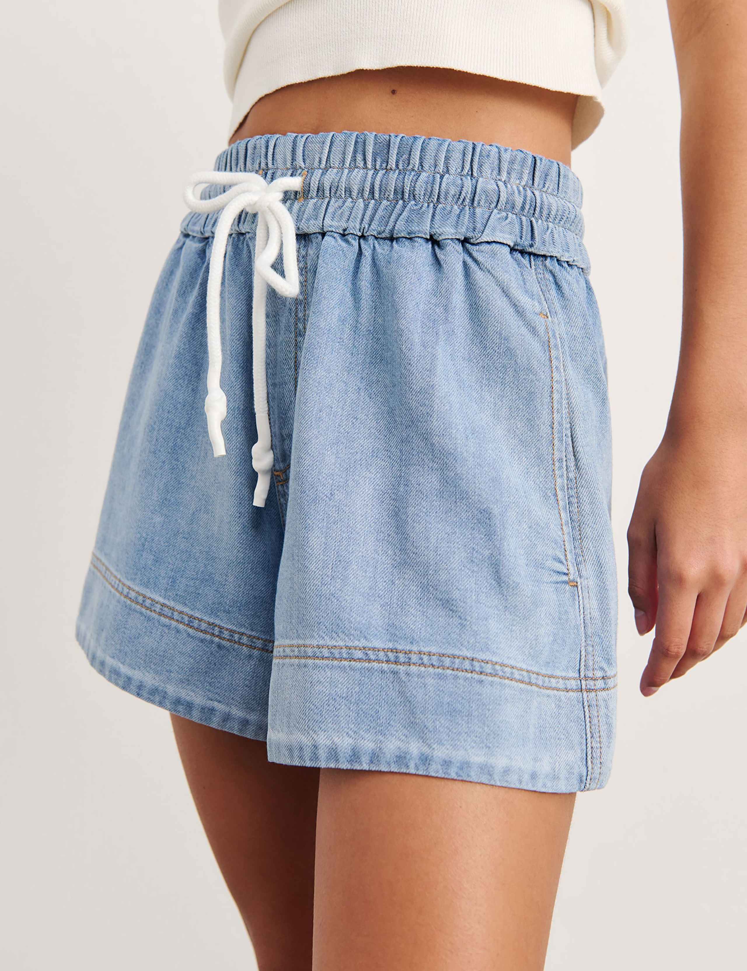 Denim High Waisted Drawstring Shorts