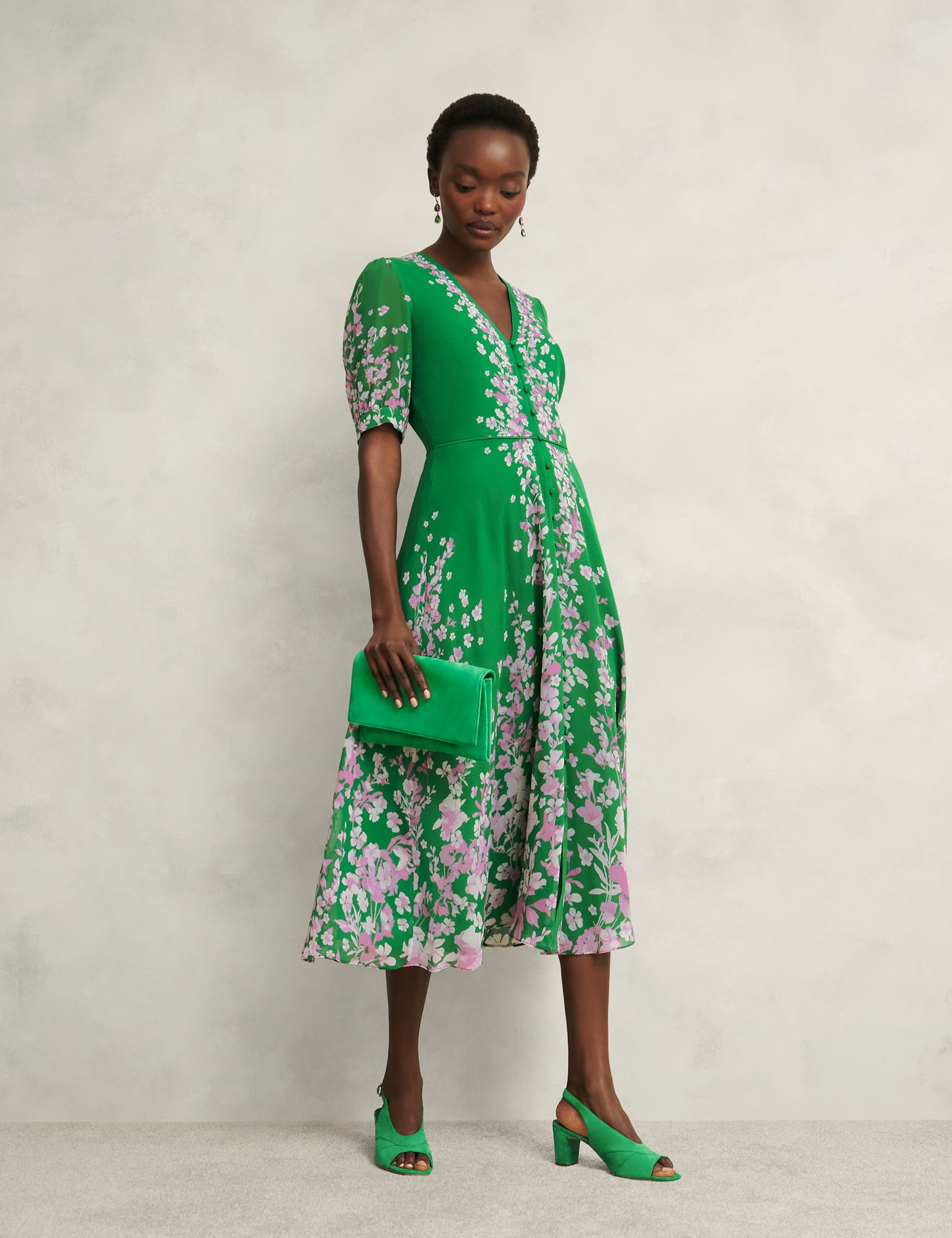Pure Silk Floral V-Neck Midi Skater Dress