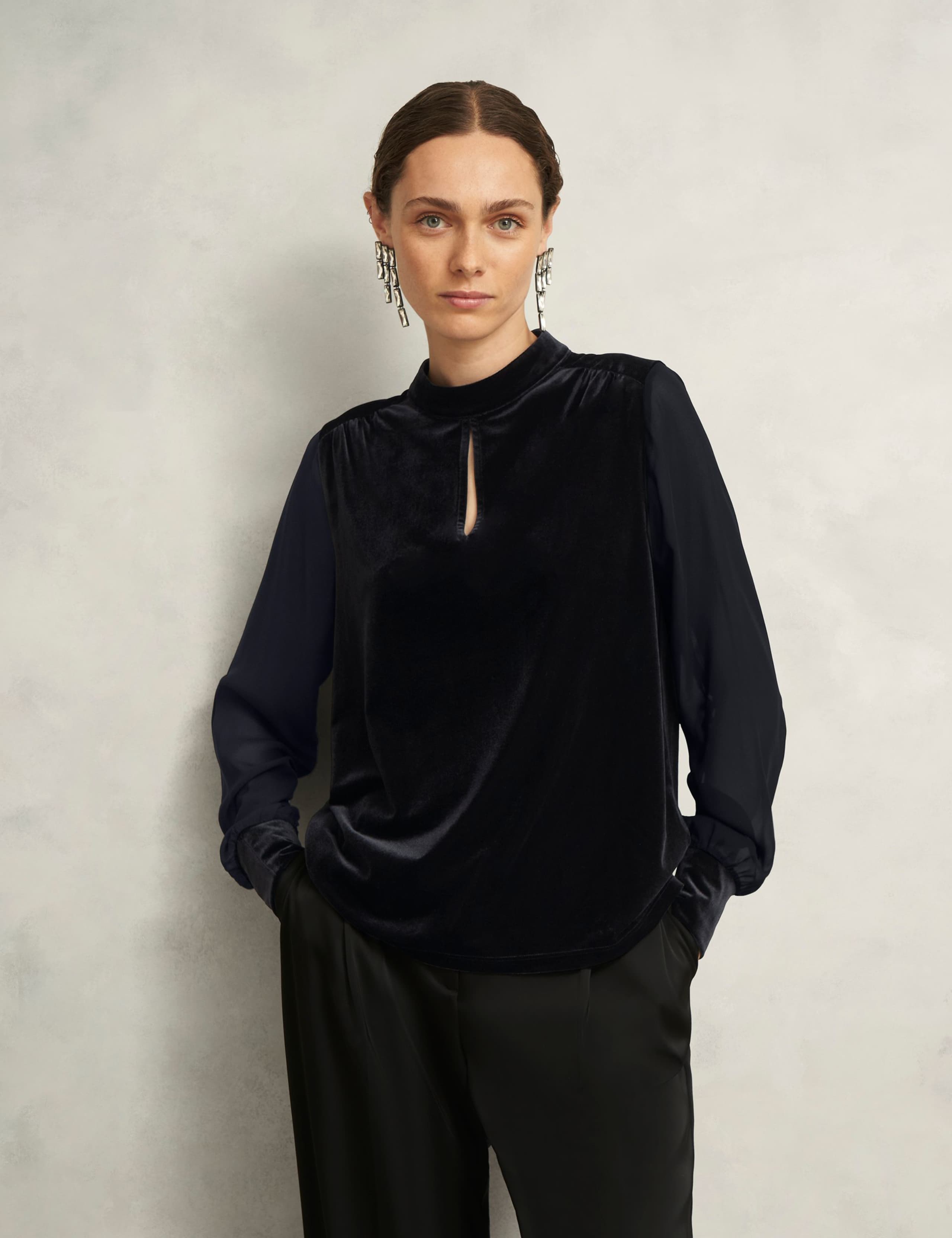 Velvet High Neck Sheer Sleeve Keyhole Top