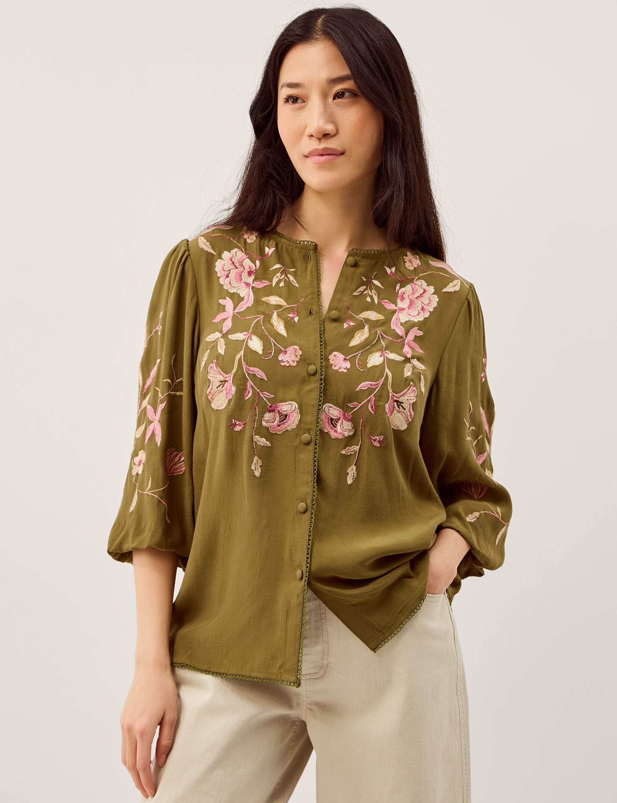 Floral Embroidered Blouson Sleeve Top