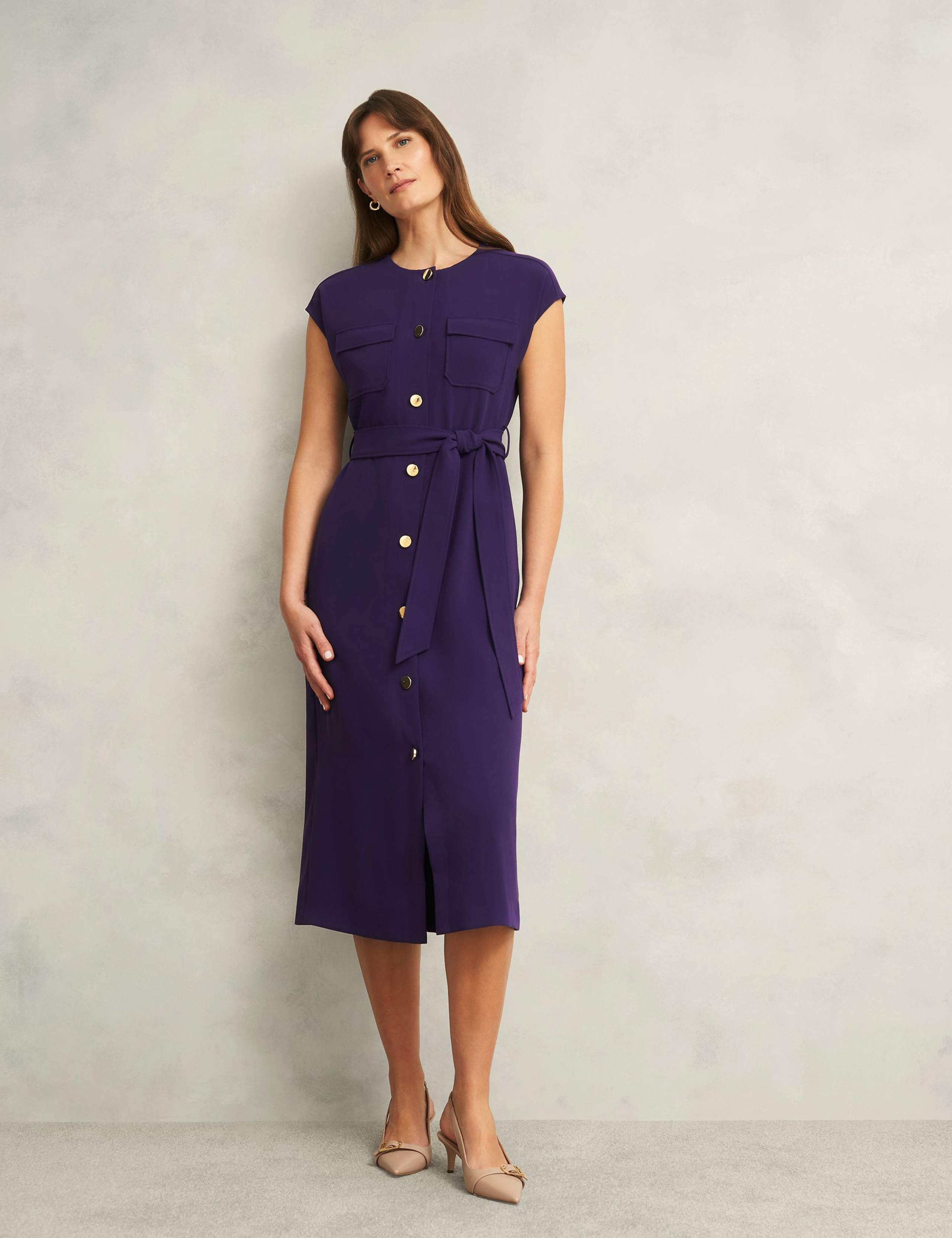 Belted Button Through Midi Waisted Dress