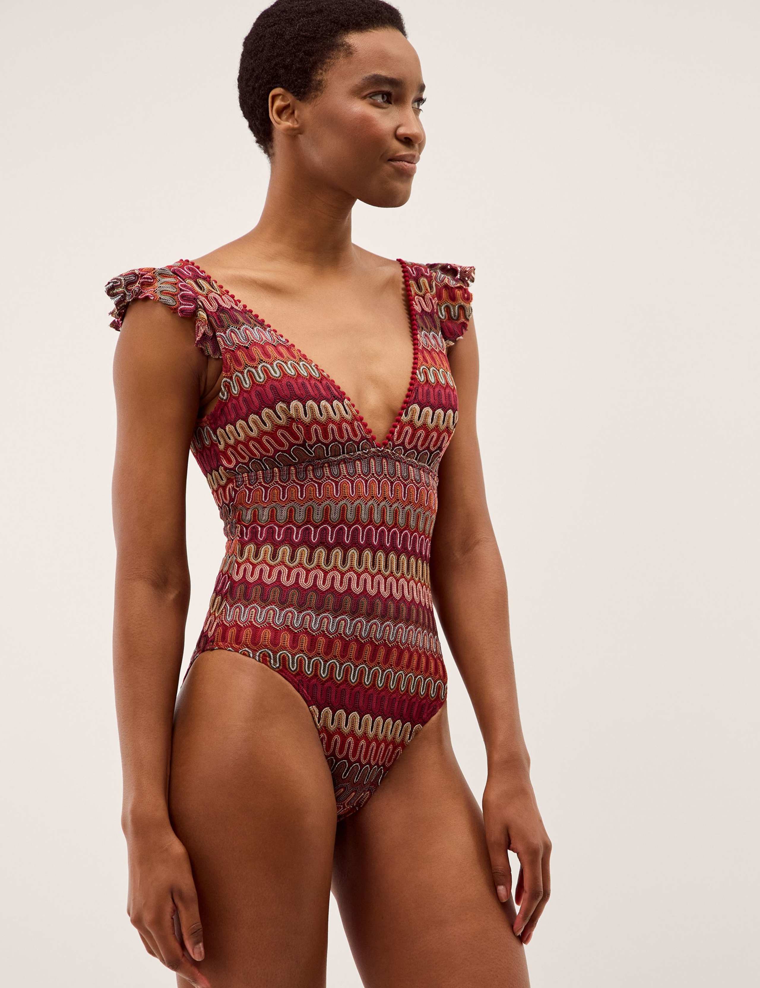 Printed Ruffle V-Neck Swimsuit