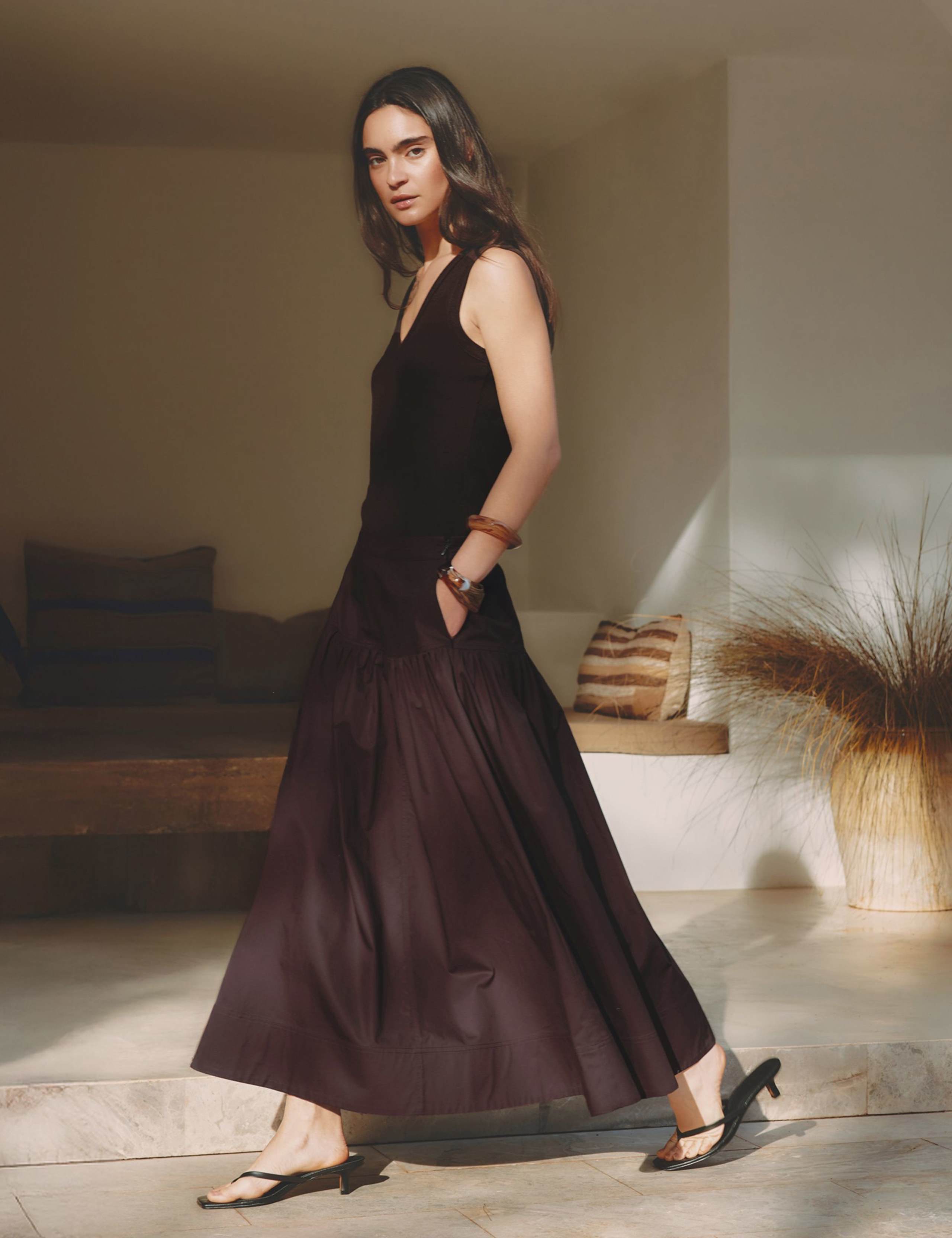 Pure Cotton Sateen Midi A-Line Skirt