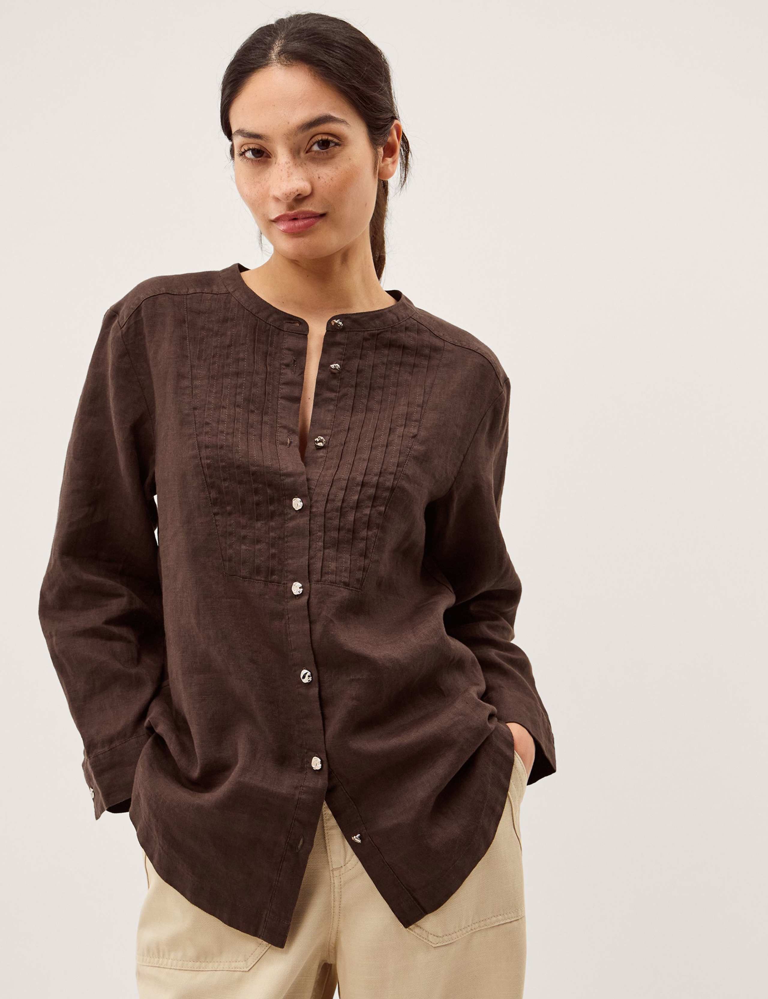 Pure Linen Round Neck Pintuck Shirt