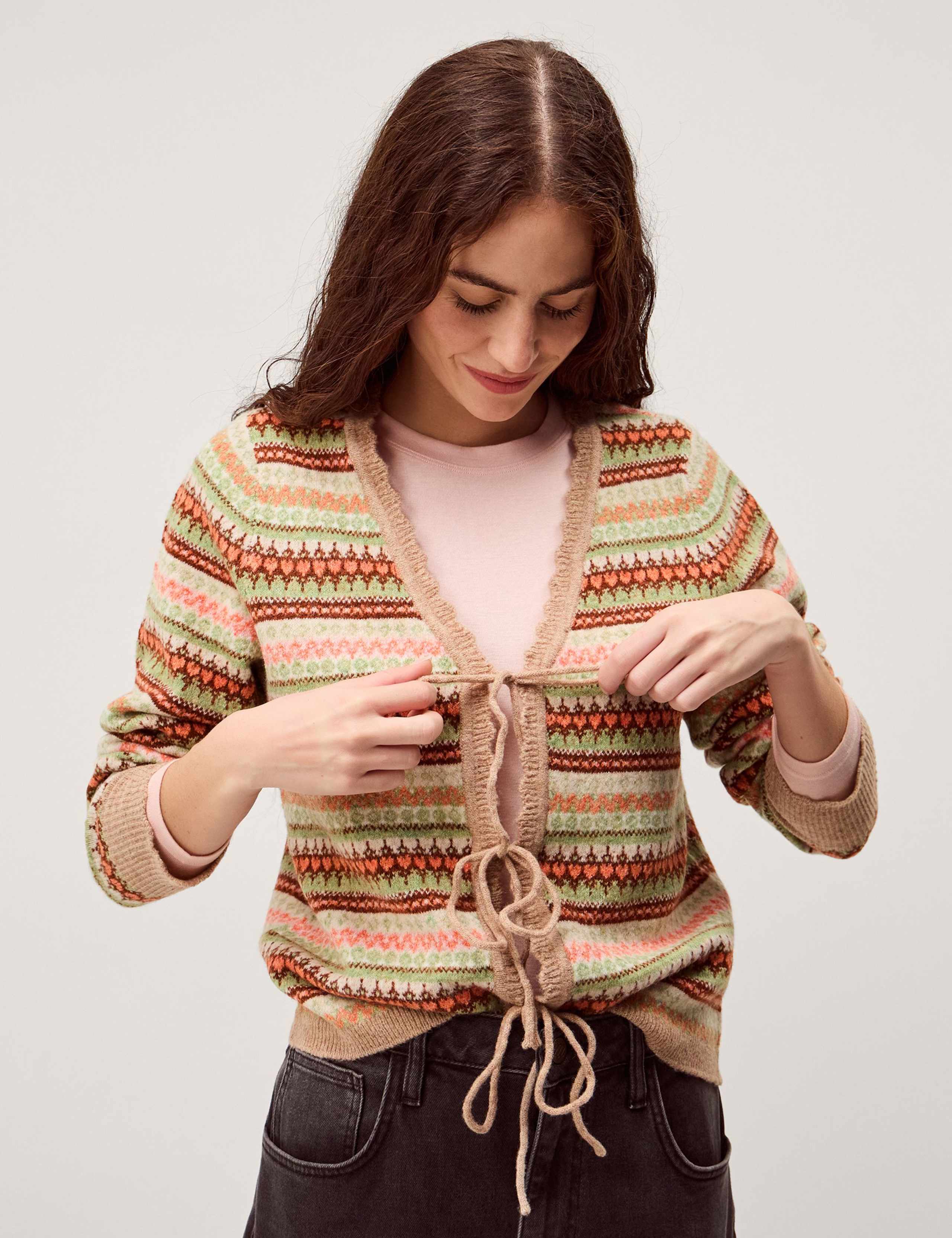 Fair Isle V-Neck Tie Front Cardigan