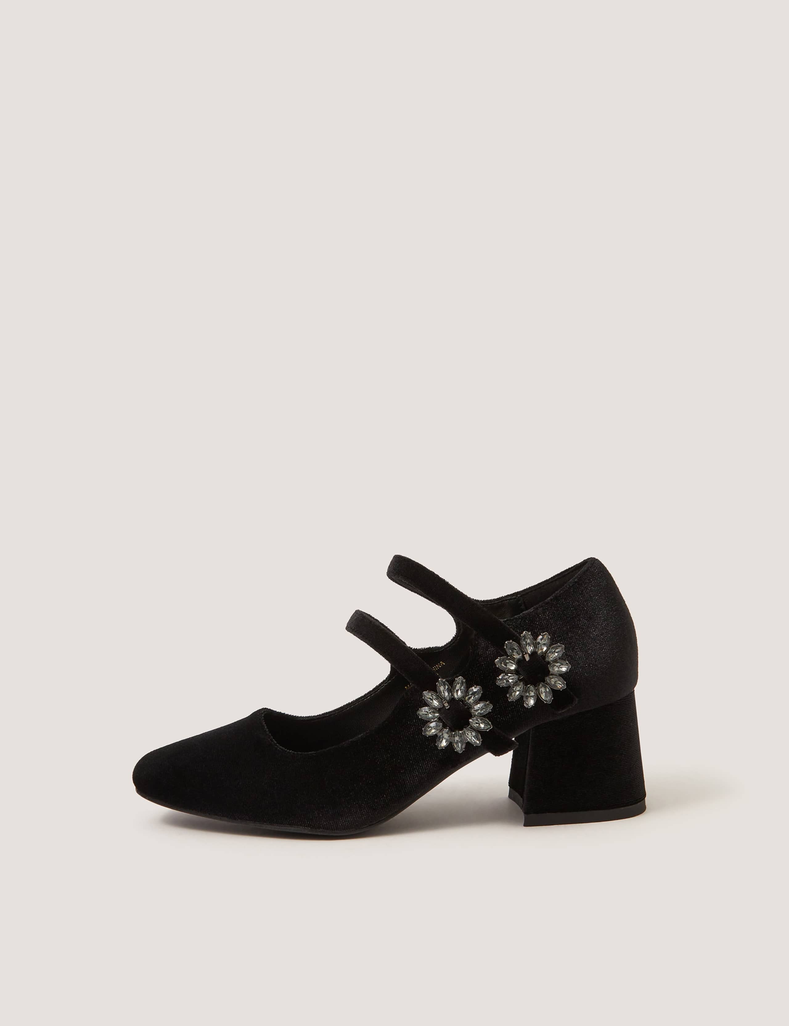 Velvet Embellished Block Heel Mary Jane Shoes