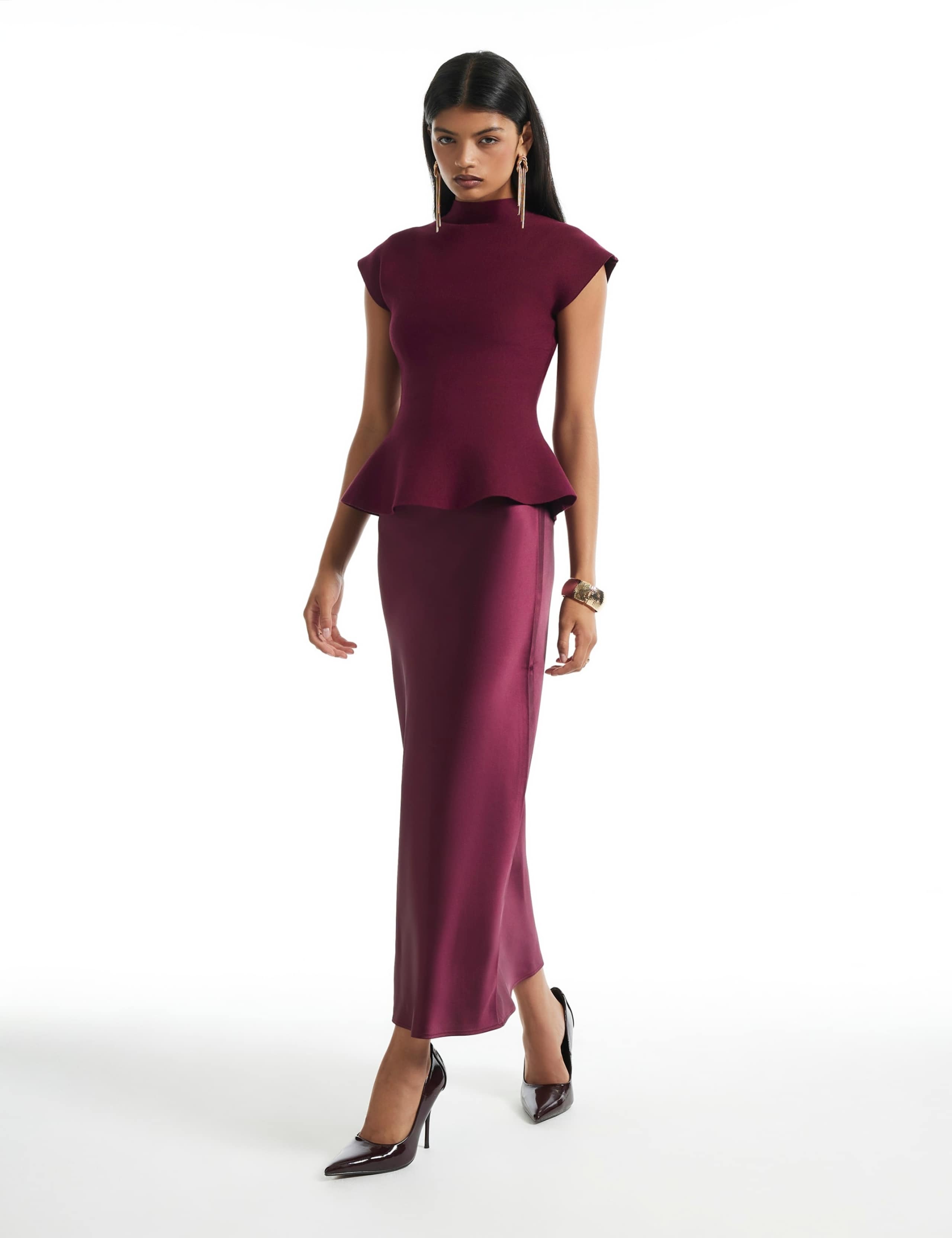 Pure Cotton Knitted High Neck Midaxi Peplum Dress