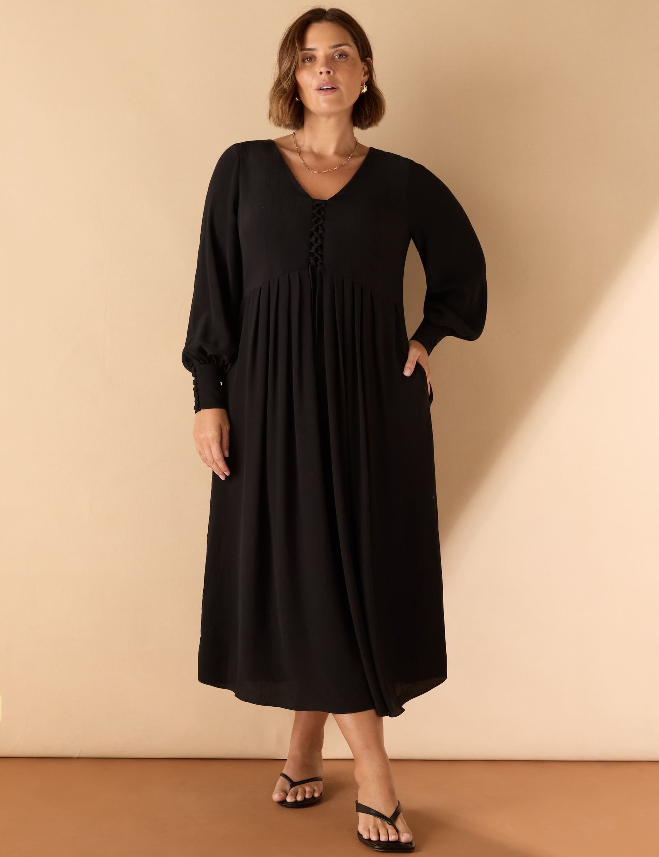 Lace Up Blouson Sleeve Midi Tea Dress