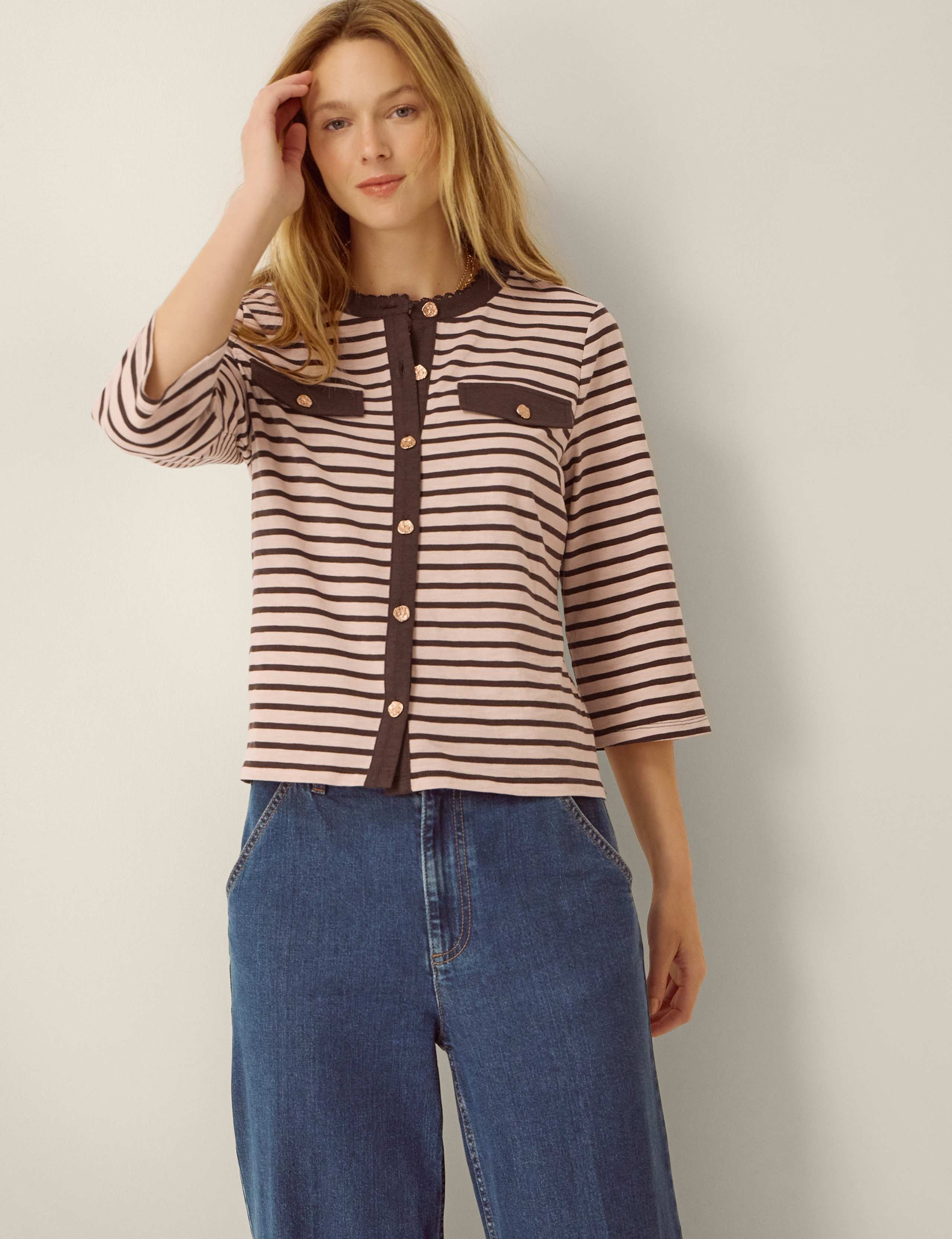 Pure Cotton Jersey Striped Button Through Top