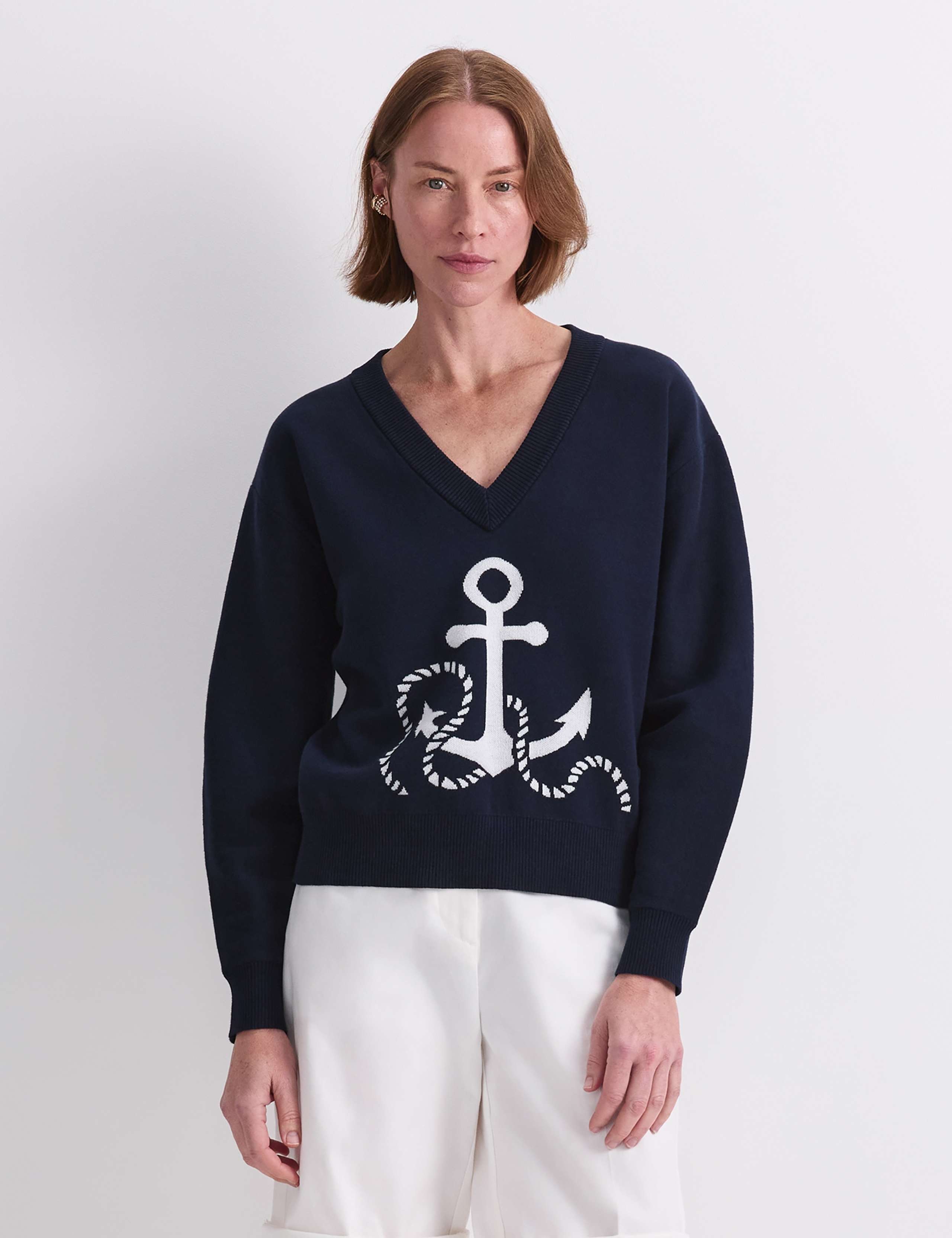 Cotton Rich Anchor Jacquard V-Neck Jumper