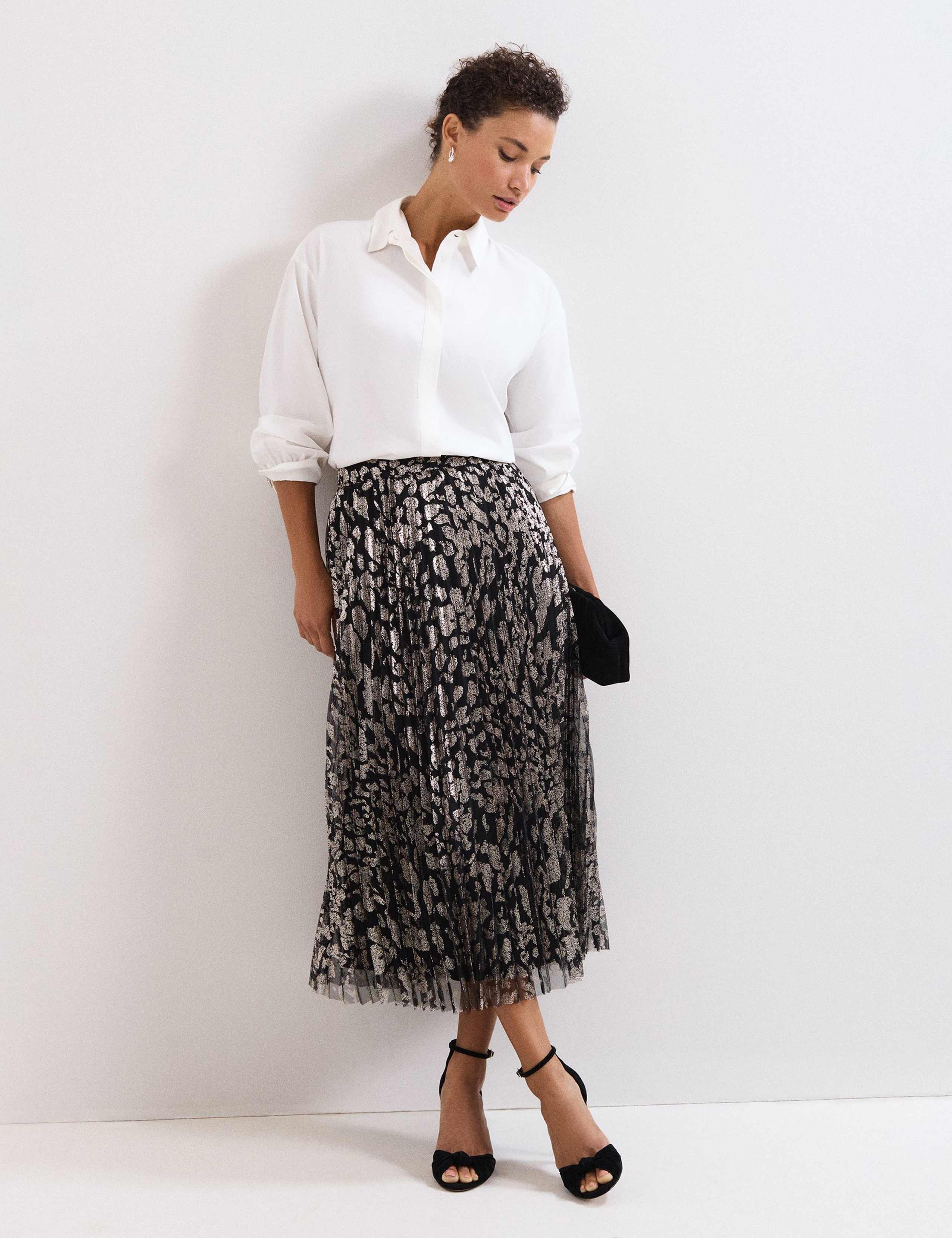 Animal Print Foil Pleated Midi Skirt