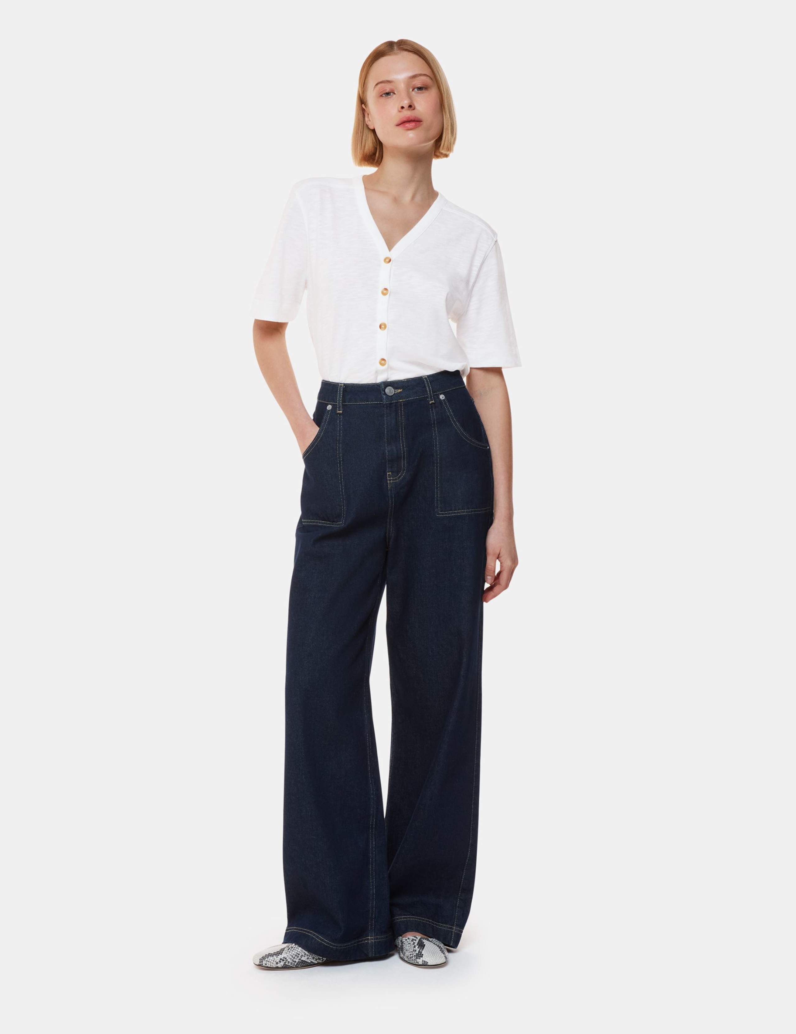 Pure Cotton V-Neck Button Through T-Shirt