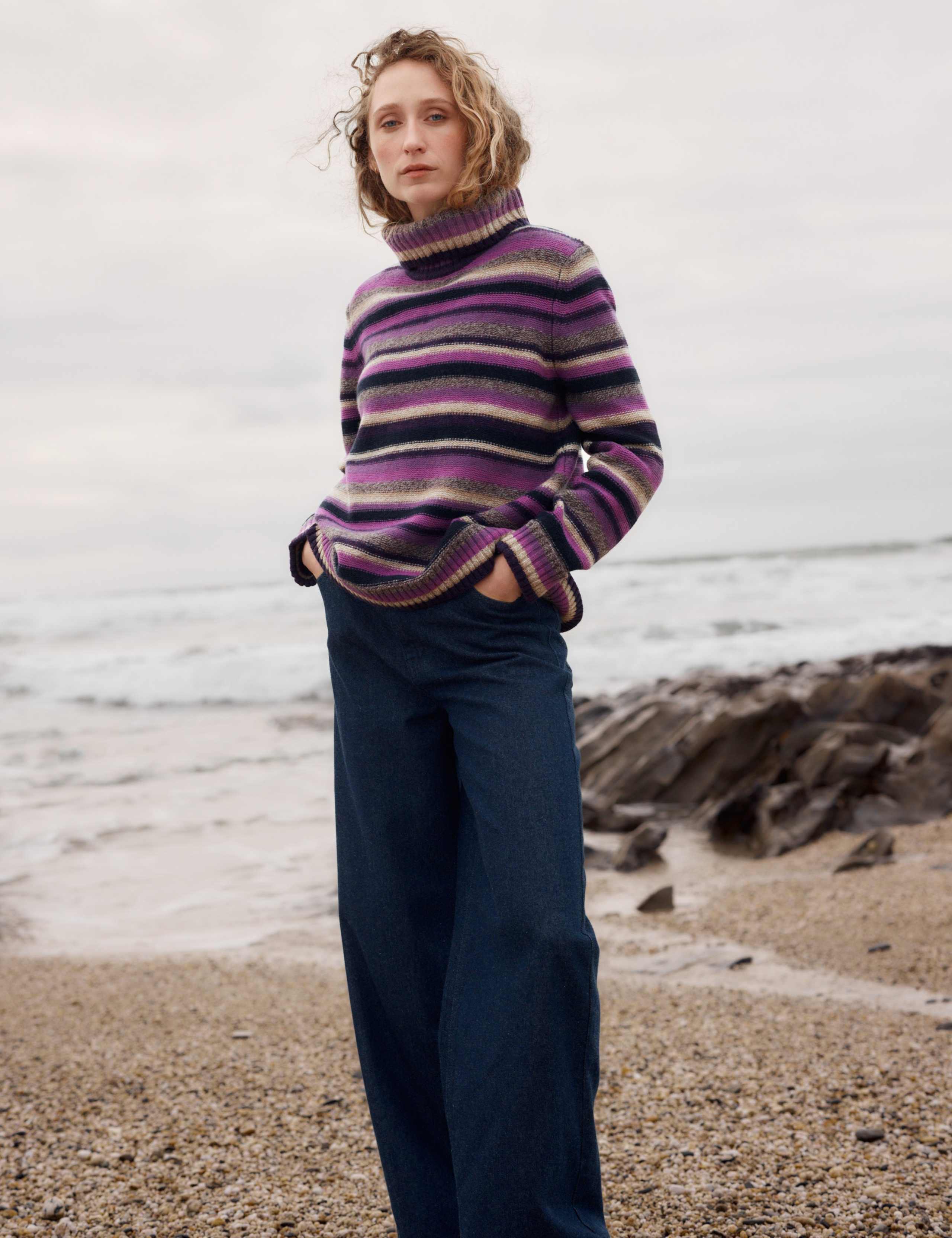 Wool Rich Striped Roll Neck A Line Jumper