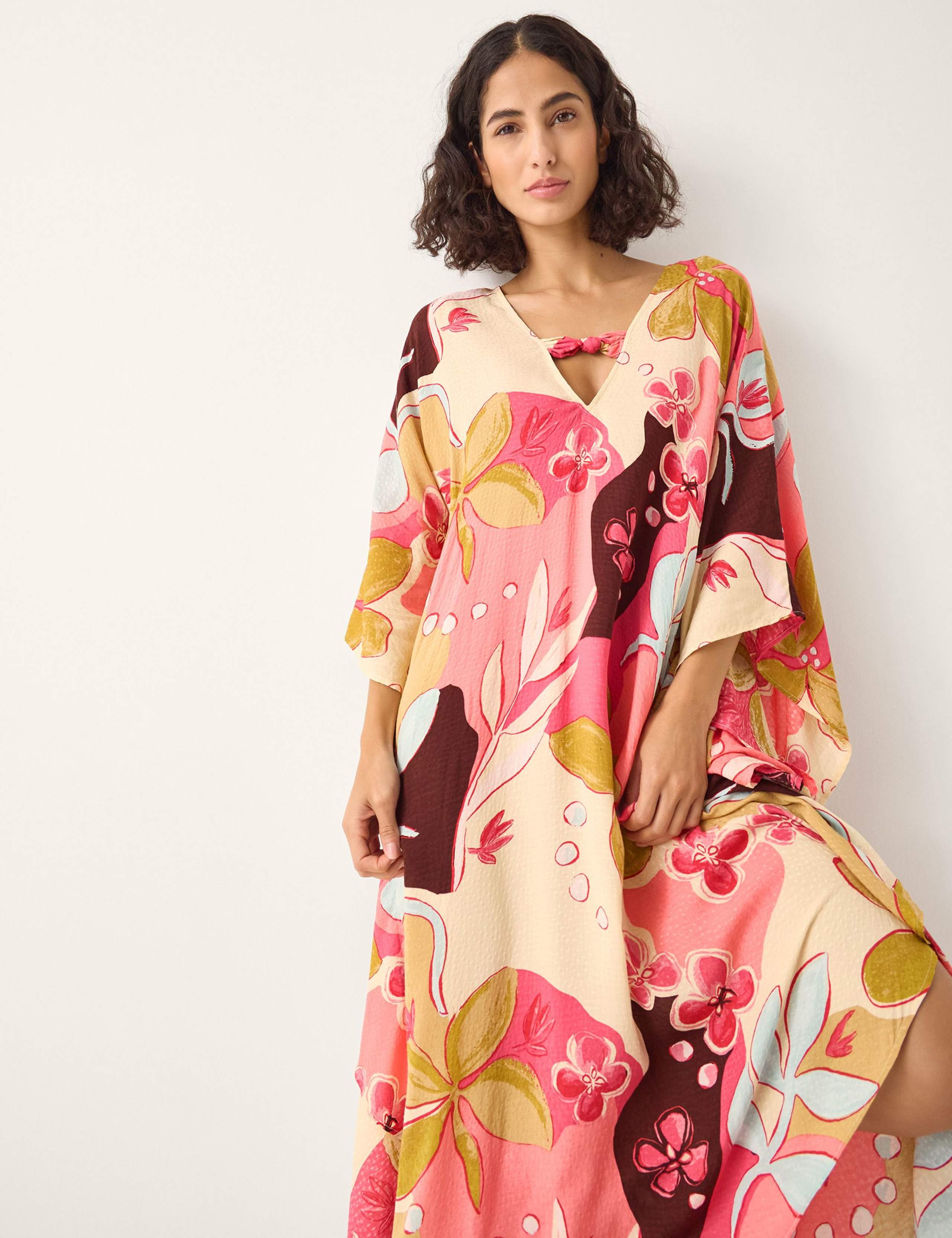 Floral V-Neck Midi Kaftan Dress