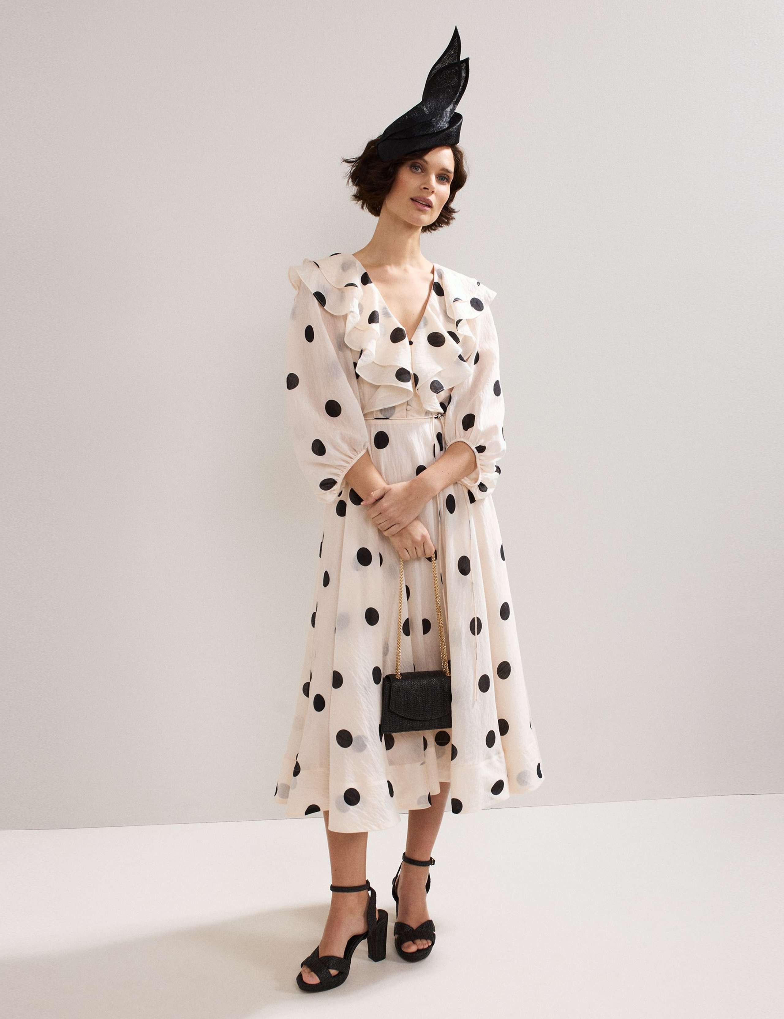 Spot Print Ruffle Midi Dress with Linen