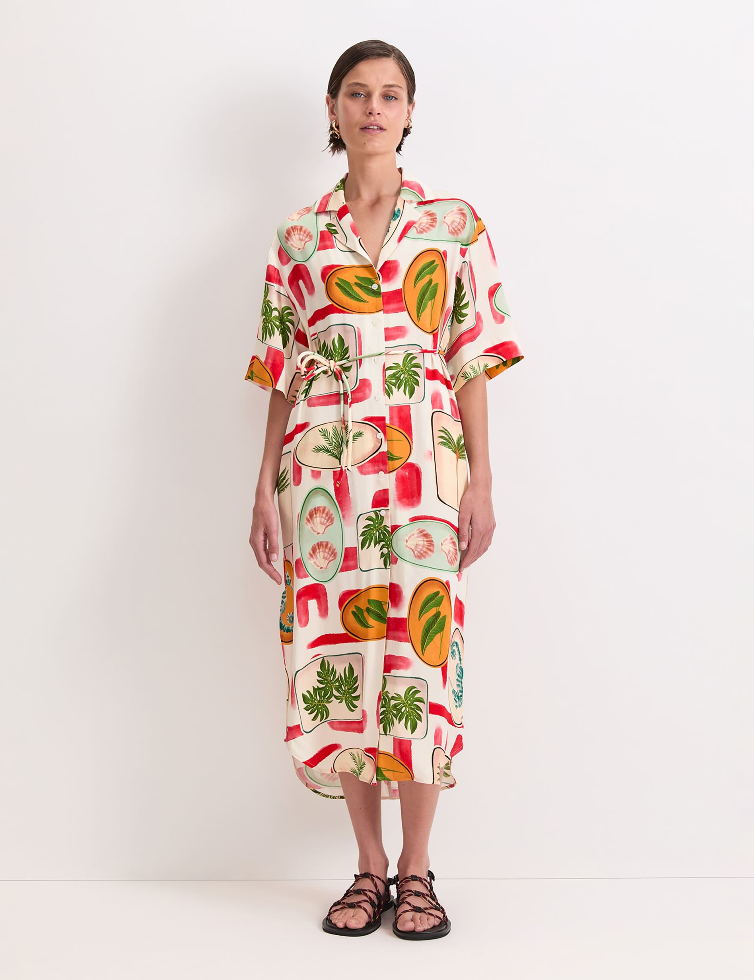 Printed Tie Waist Midi Shirt Dress