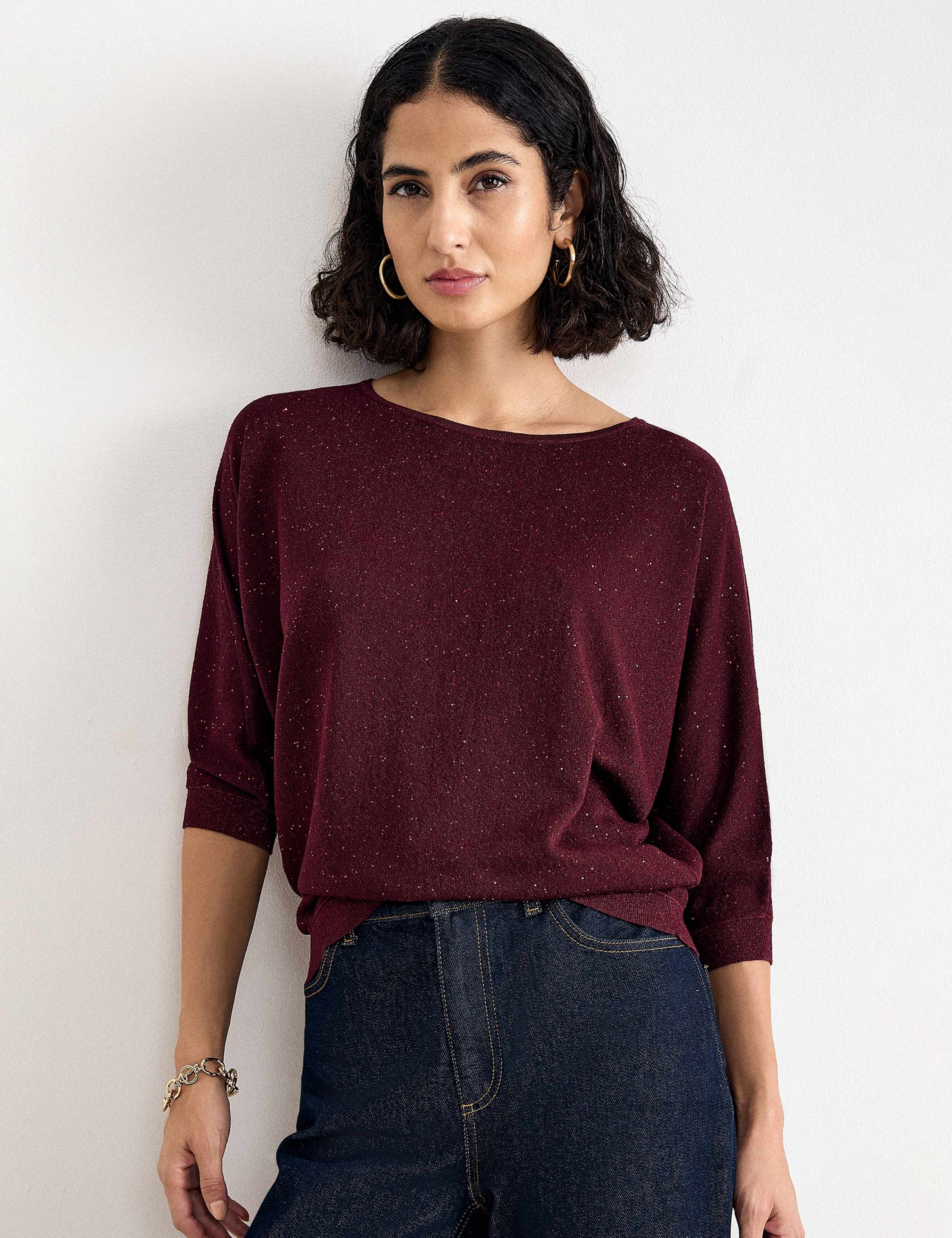Sequin Slash Neck Batwing Sleeve Jumper