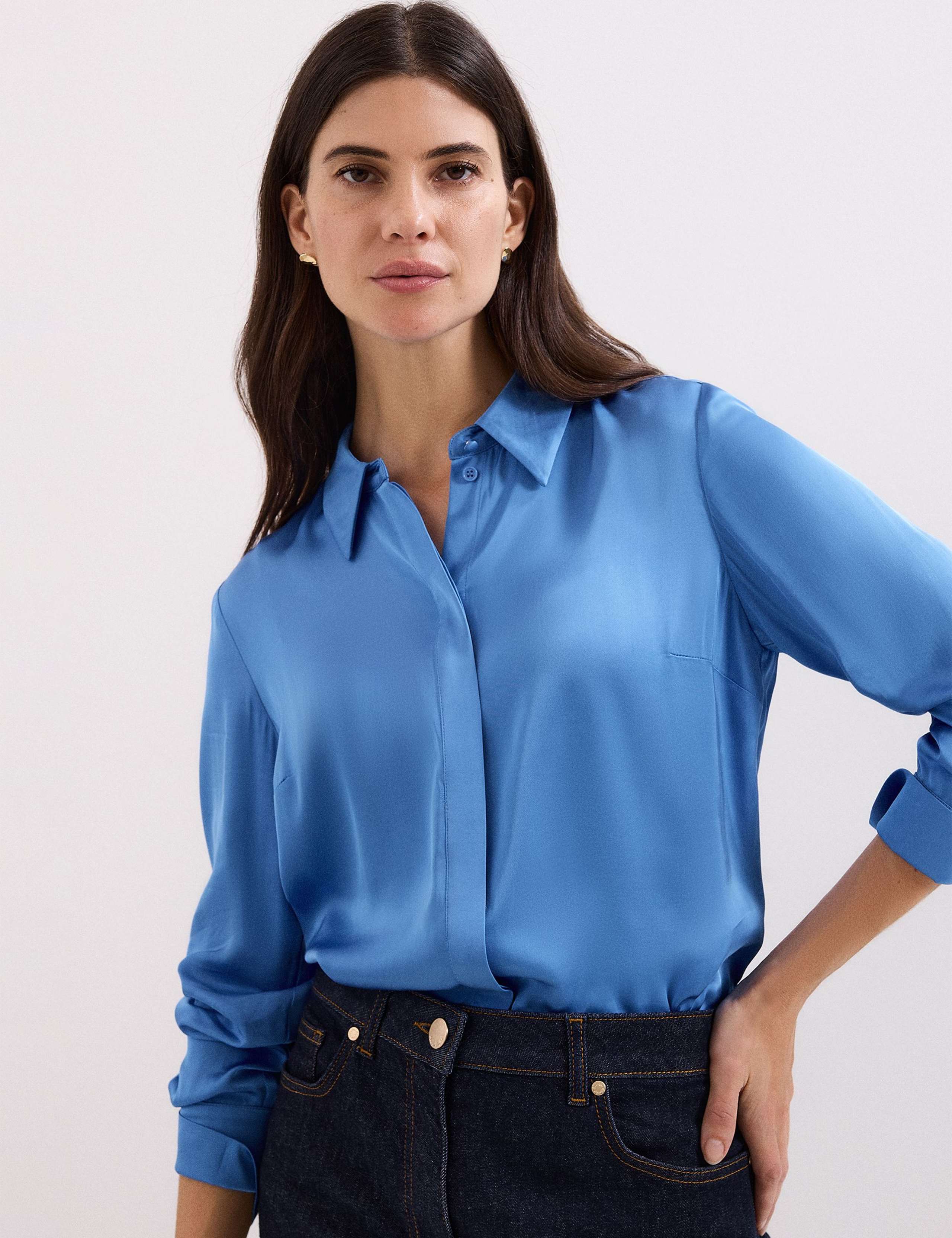 Satin Collared Blouson Sleeve Shirt