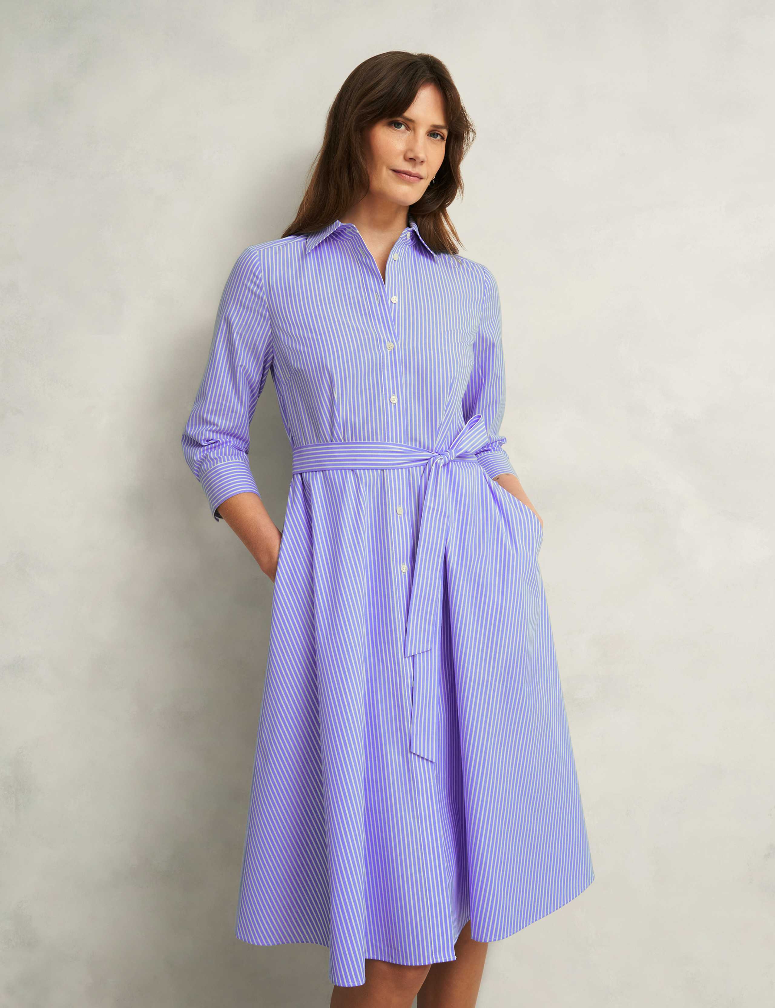 Cotton Rich Striped Tie Waist Shirt Dress