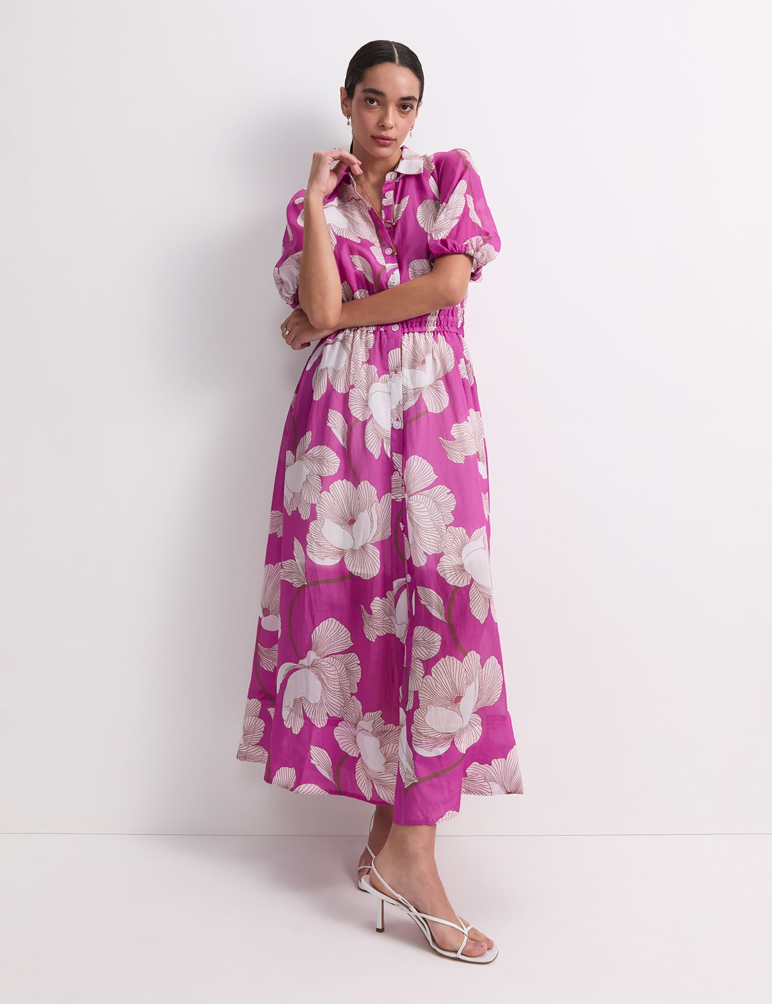 Lyocell Blend Floral Midi Shirt Dress