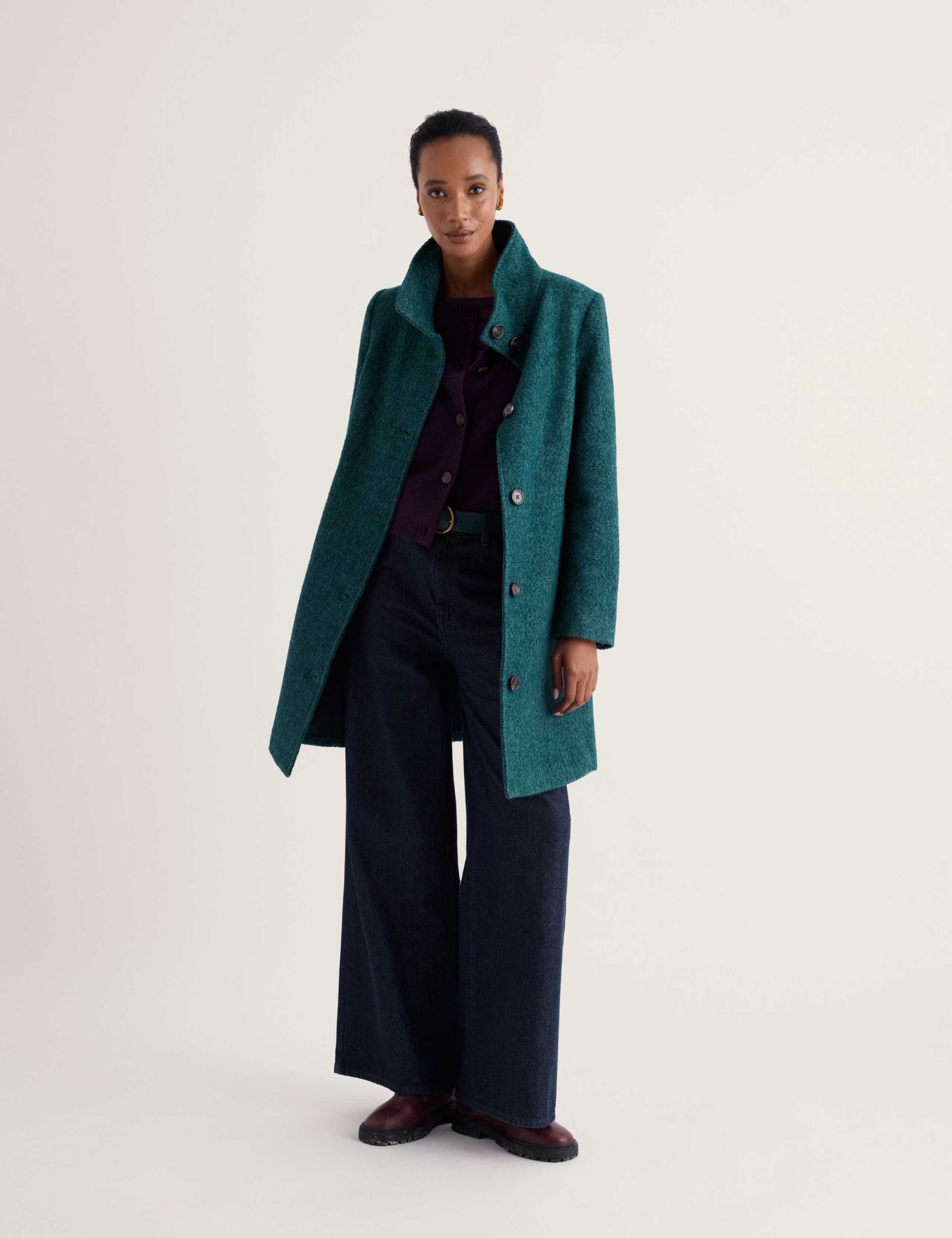 Wool Blend Textured Funnel Neck Longline Coat