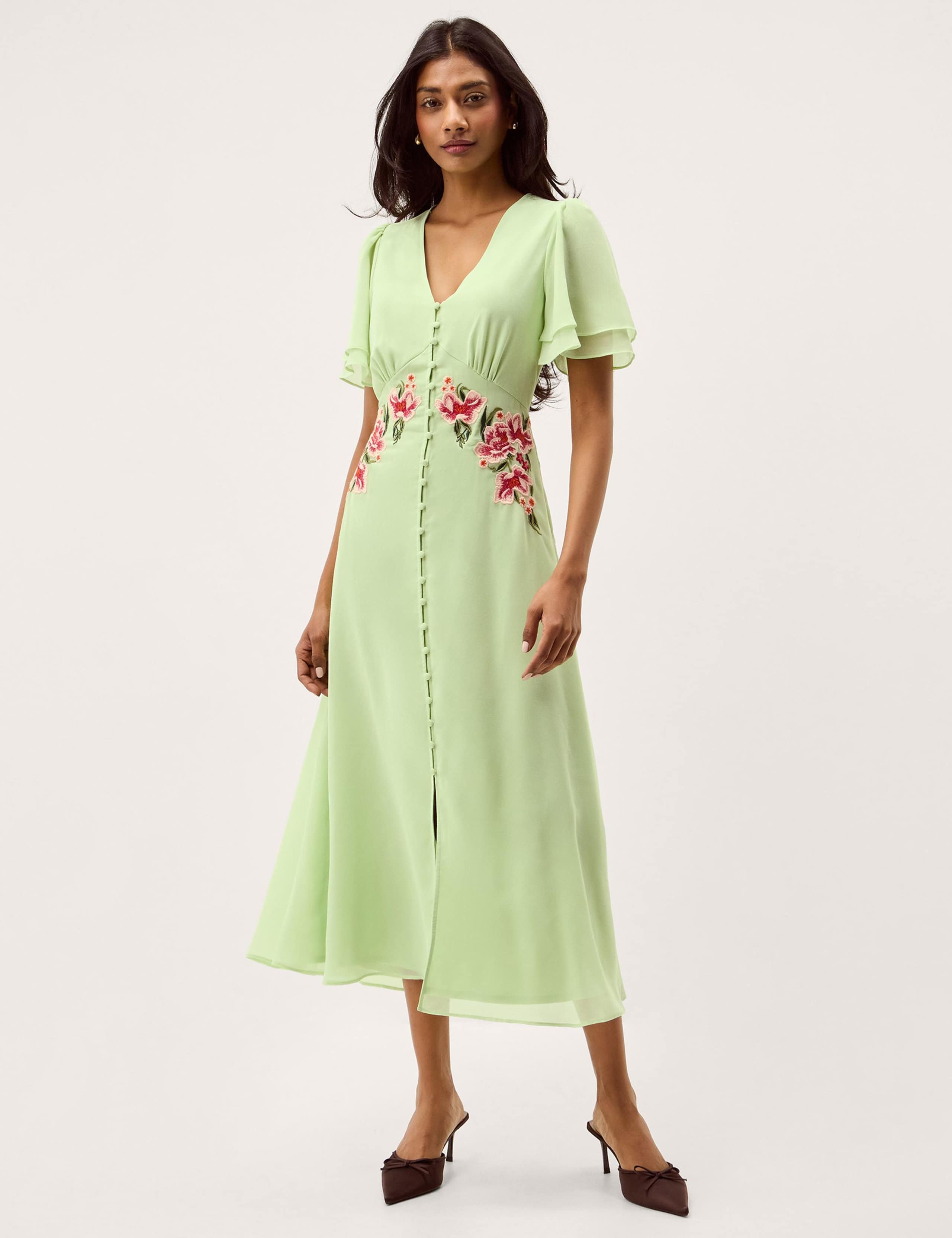 Embroidered V-Neck Midi Tea Dress