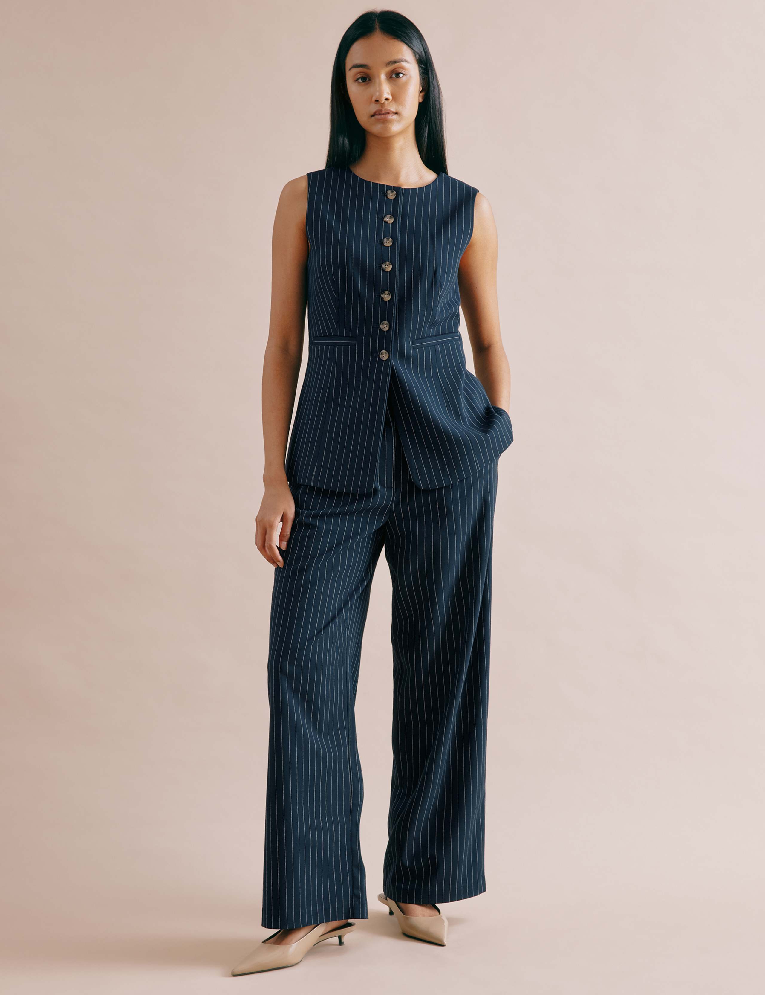 Pinstripe Pleat Front Wide Leg Trousers