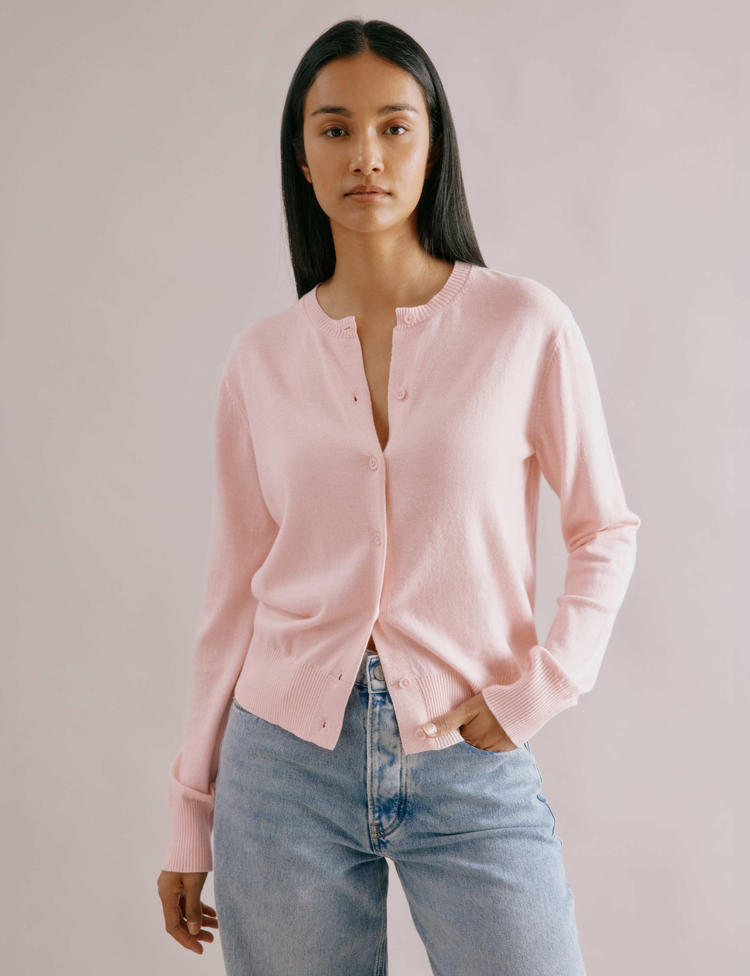 Cotton Blend Crew Neck Cardigan with Wool