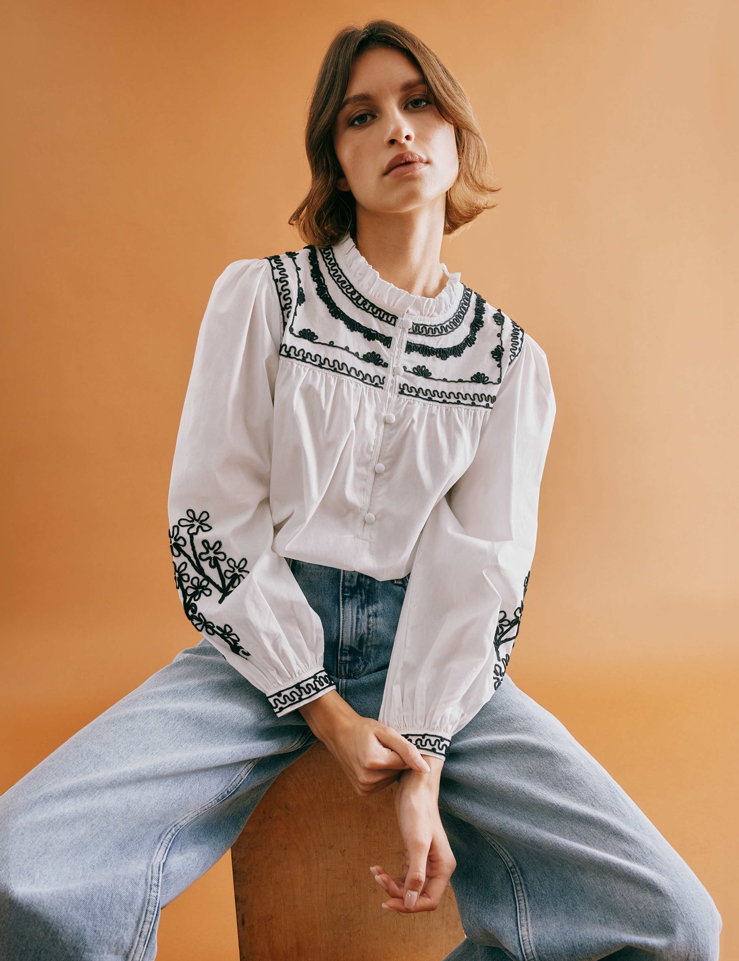 Pure Cotton Embroidered Crew Neck Blouse