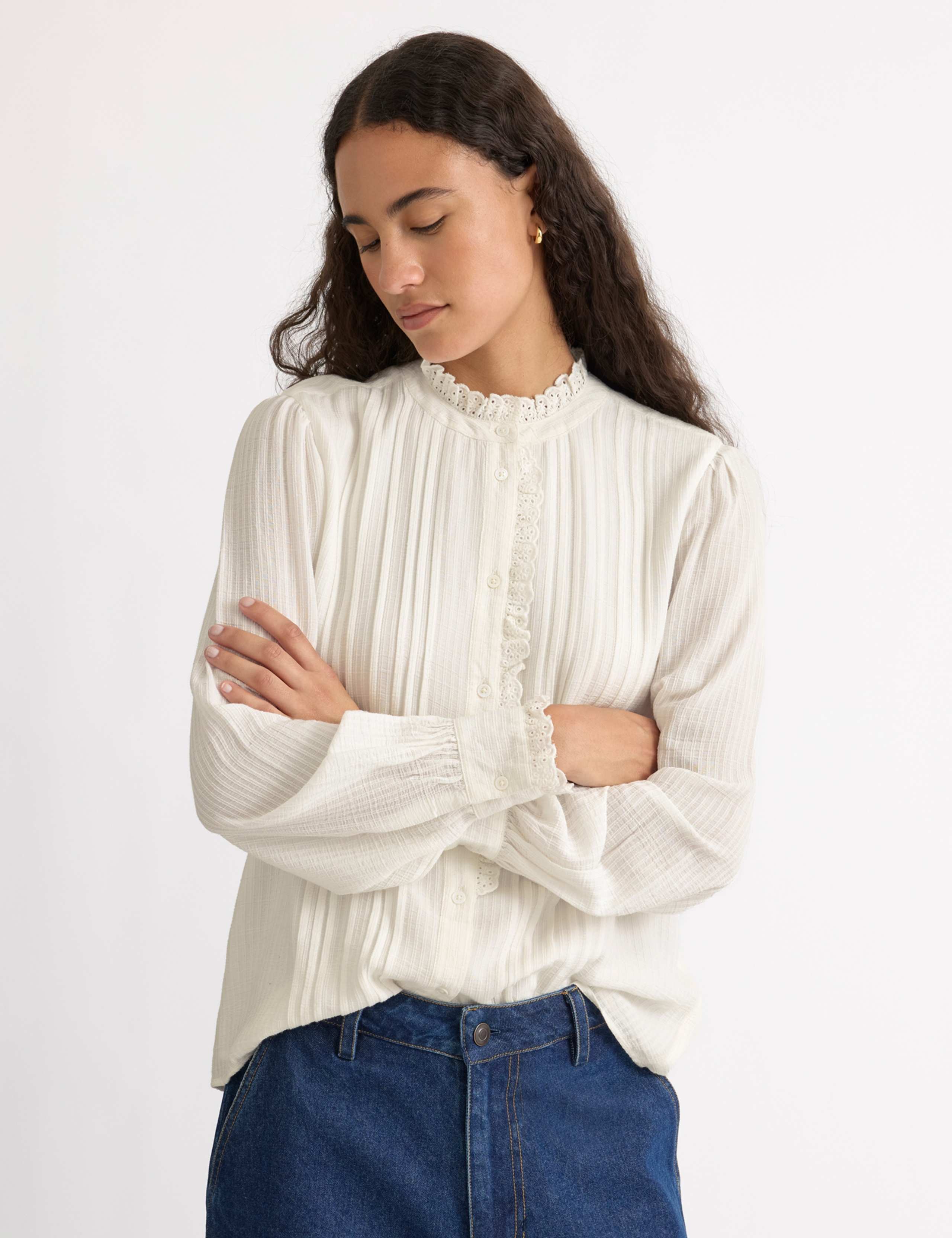 Modal Cotton Blend Lace Trim Pintuck Blouse