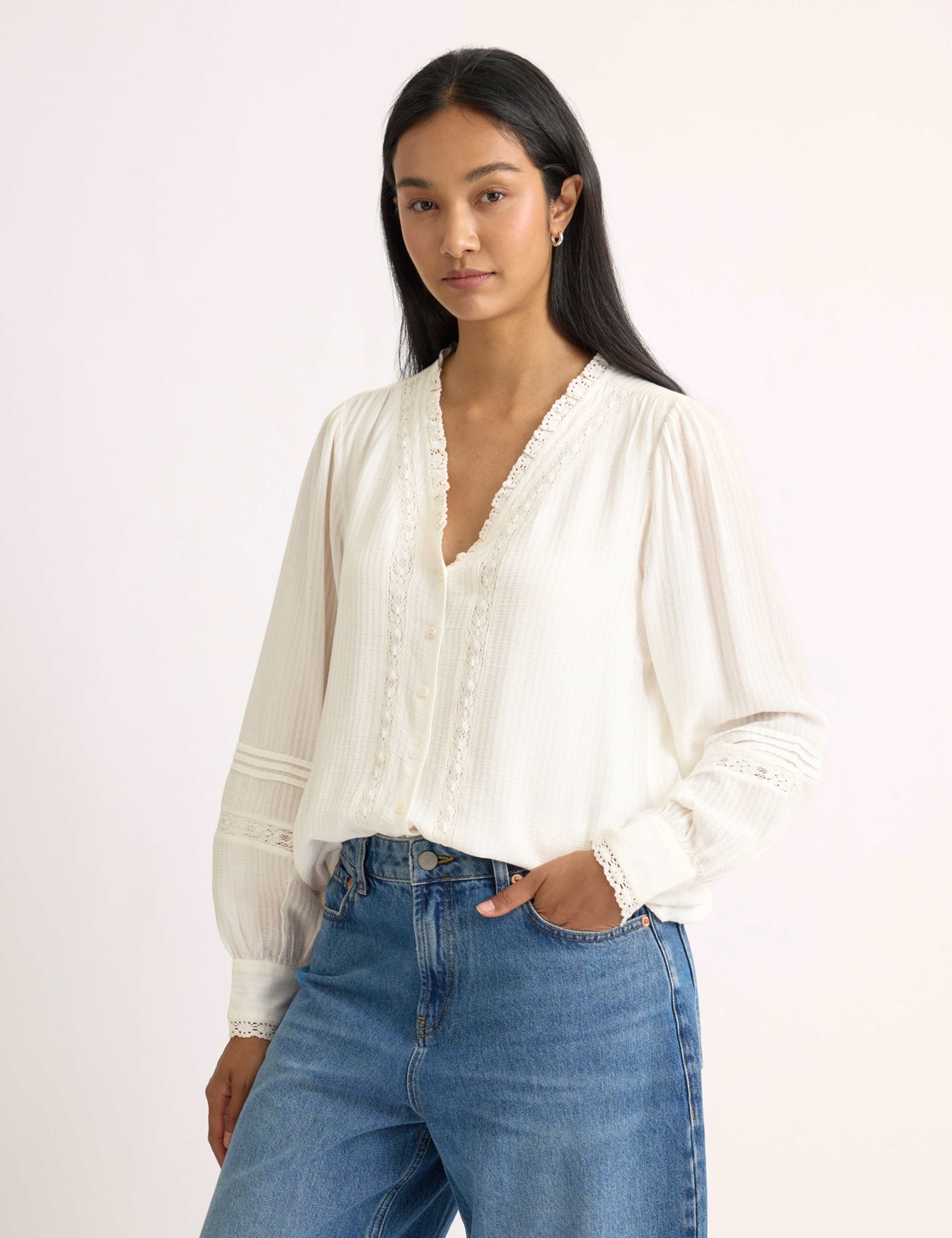 Modal Cotton Blend Lace Trim V Neck Blouse