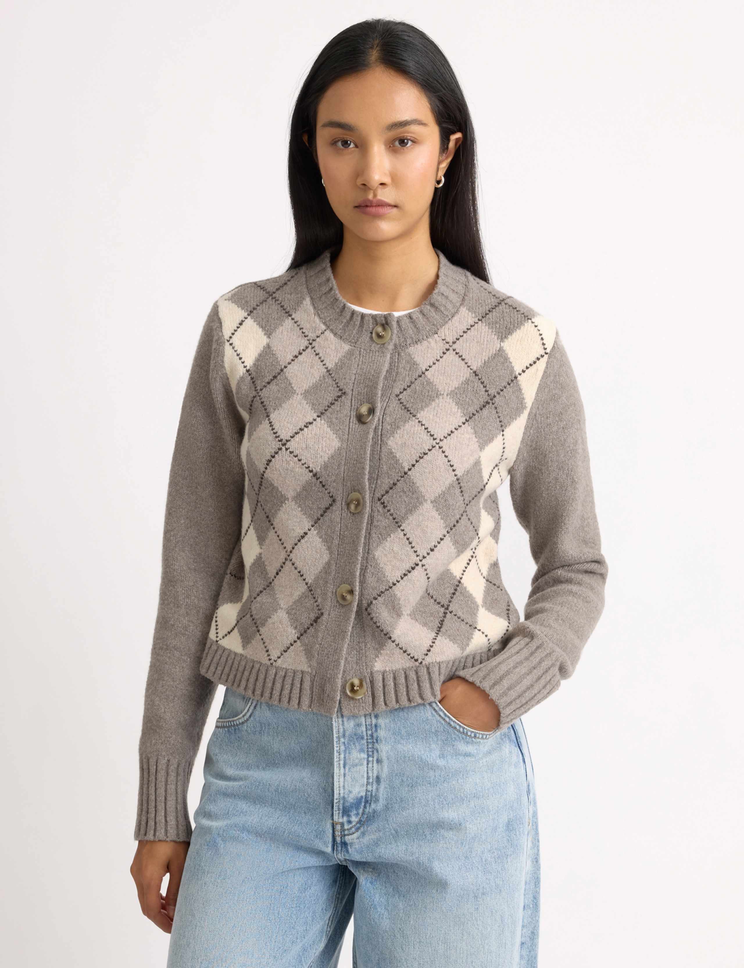 Argyle Button Front Cardigan with Wool
