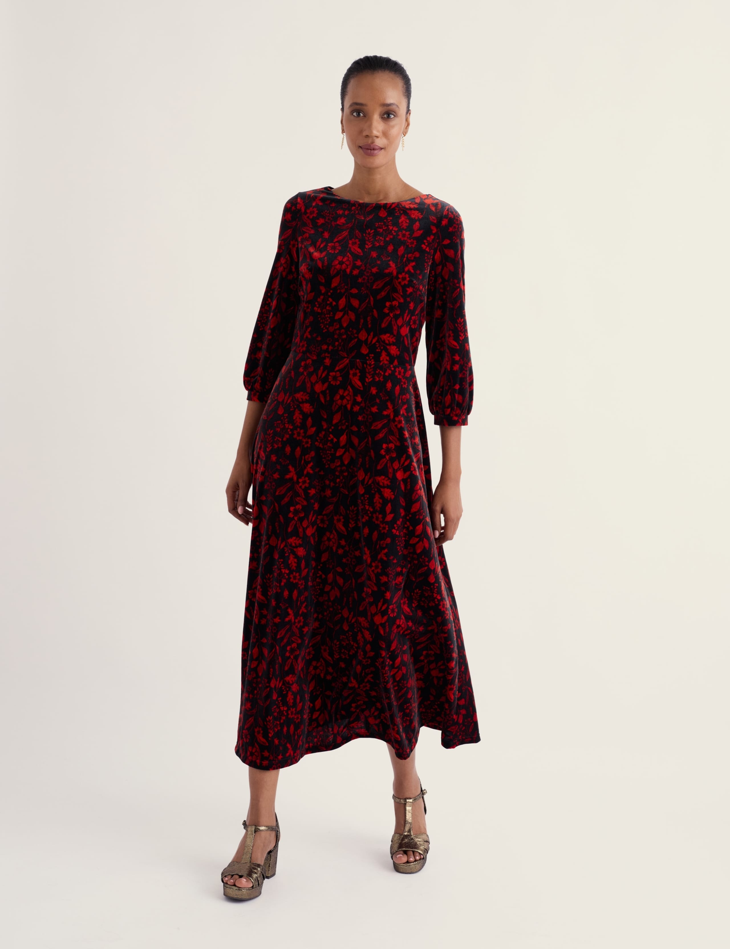 Velvet Printed Midaxi Flared Dress