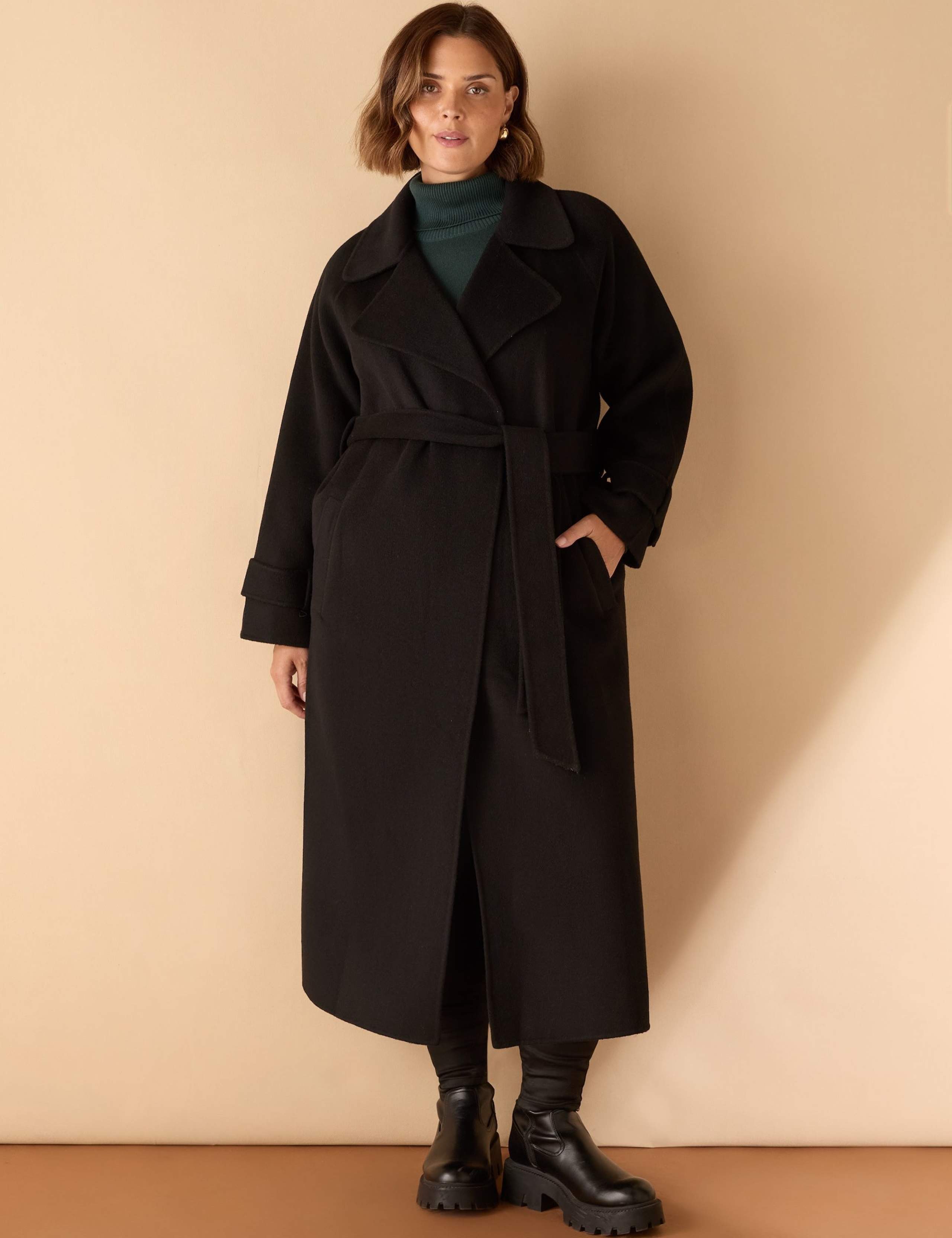 Wool Blend Belted Longline Wrap Coat