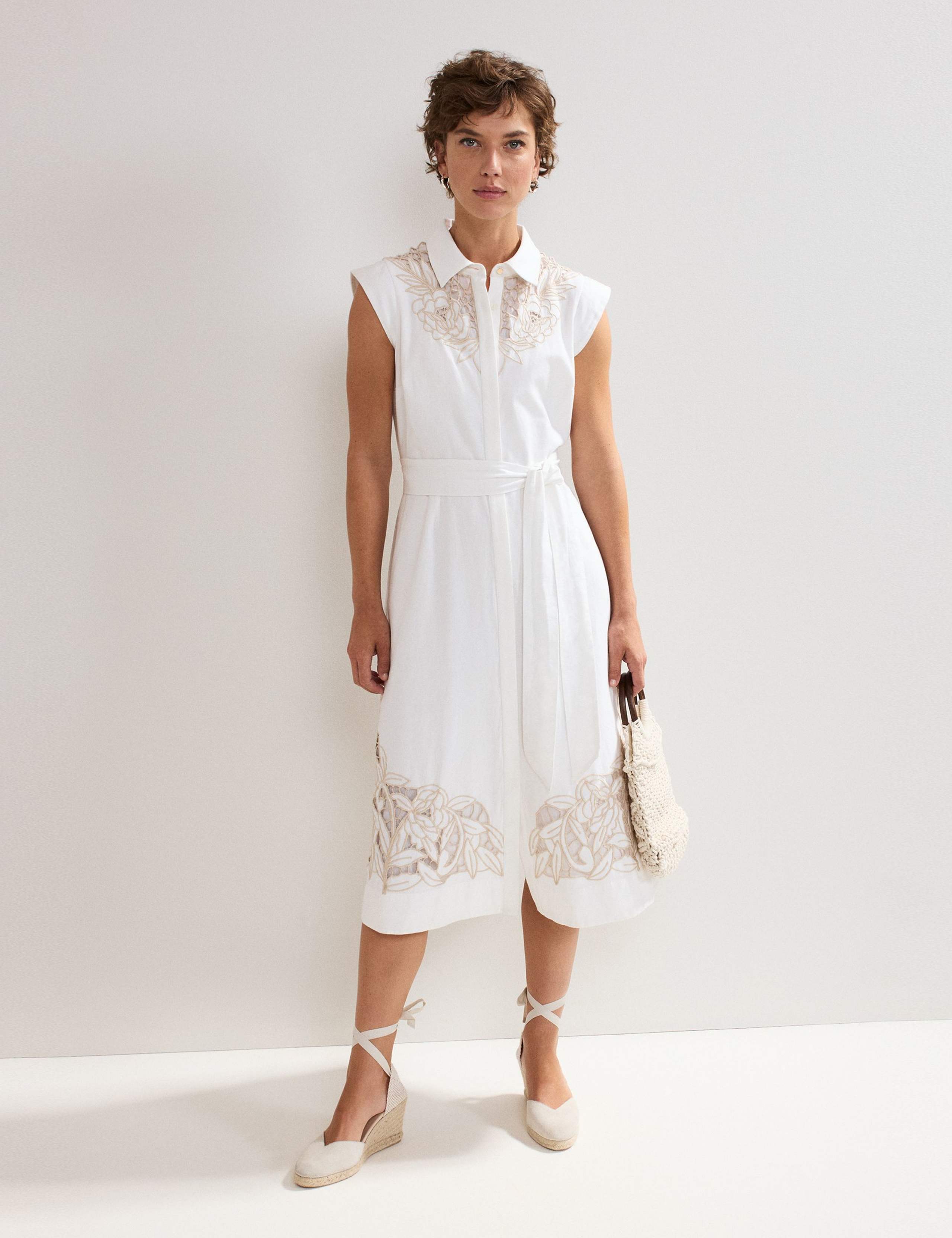 Cotton Rich Embroidered Midi Shirt Dress
