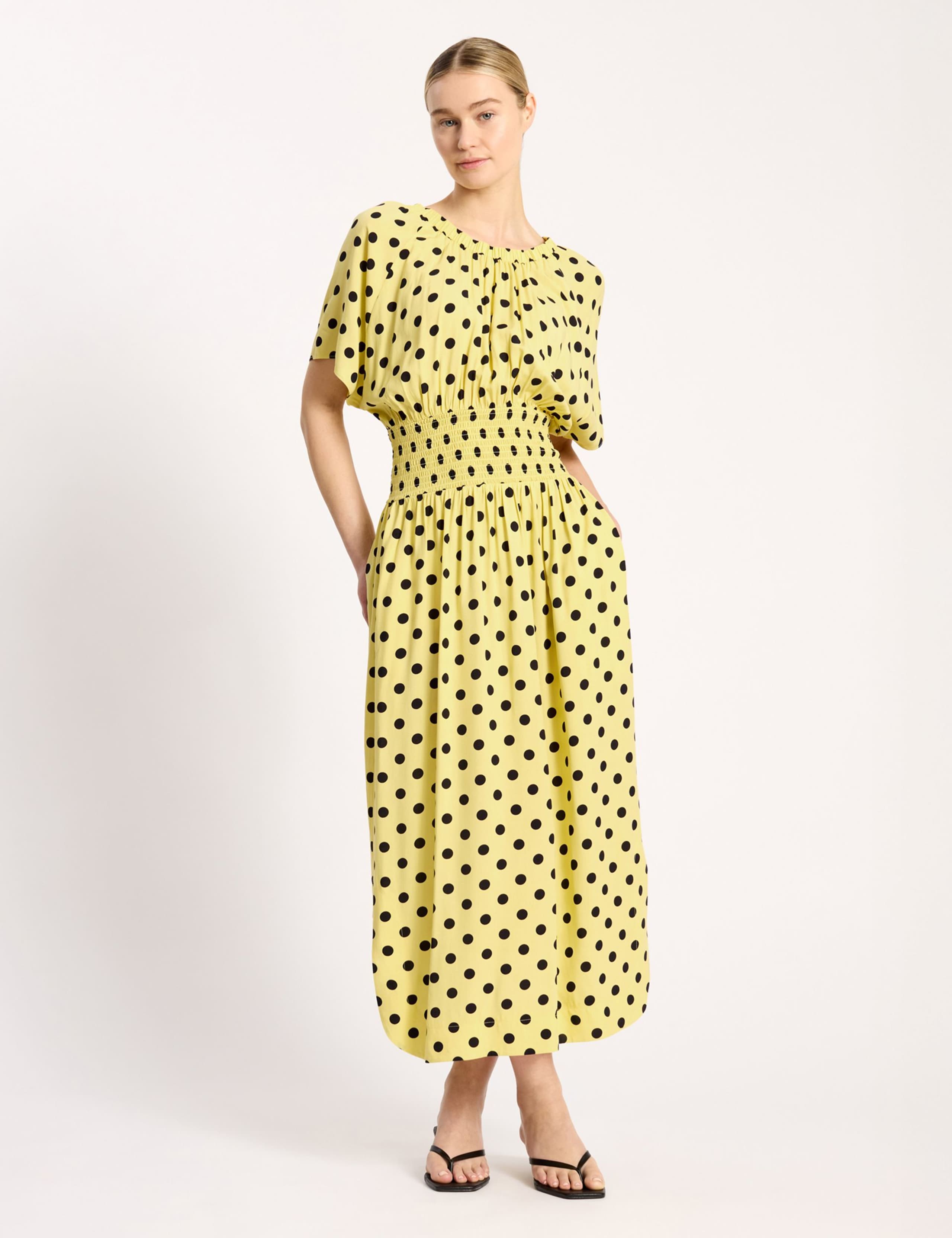 Polka Dot V-Neck Shirred Midi Waisted Dress