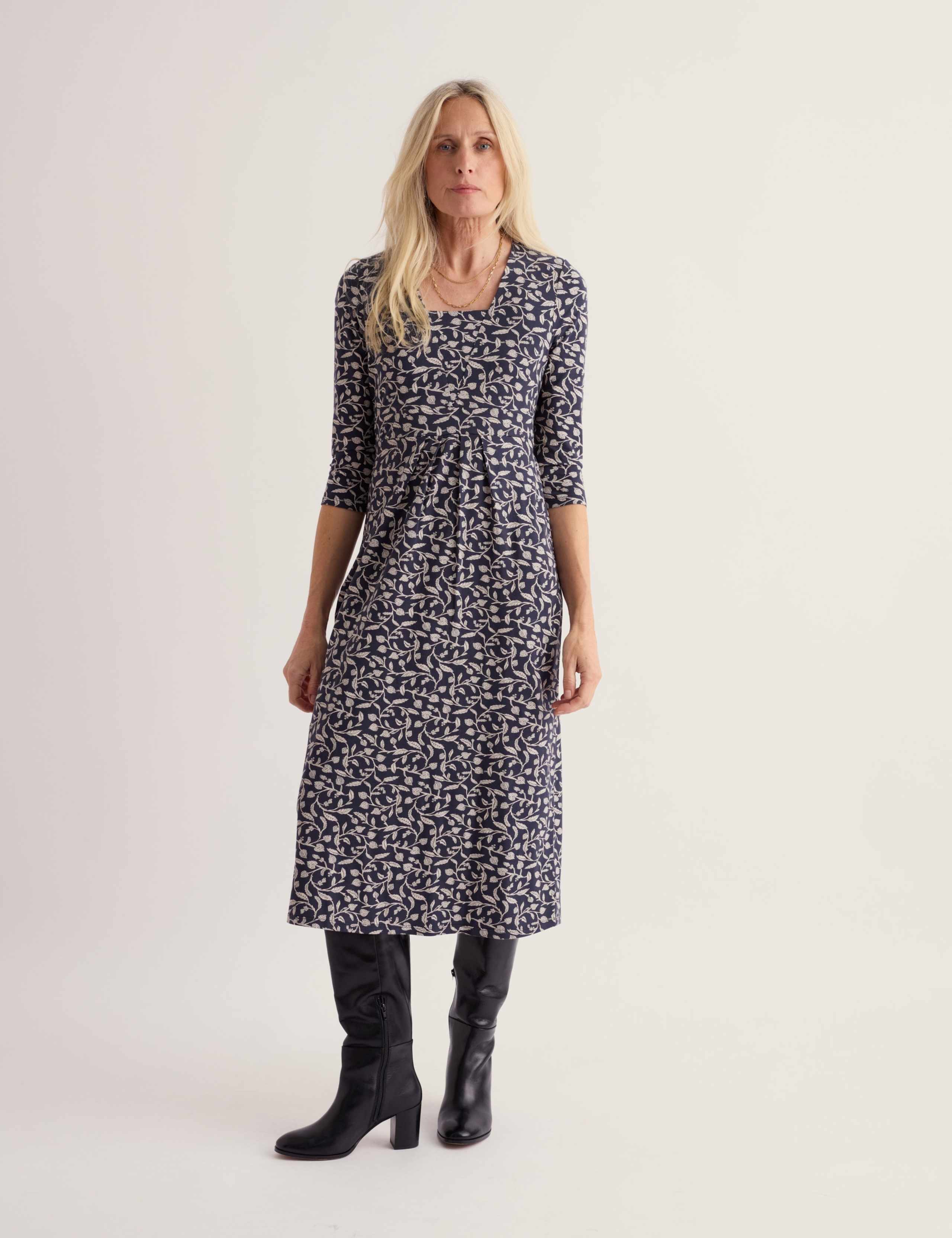 Cotton Rich Printed Cowl Neck Midi Wrap Dress