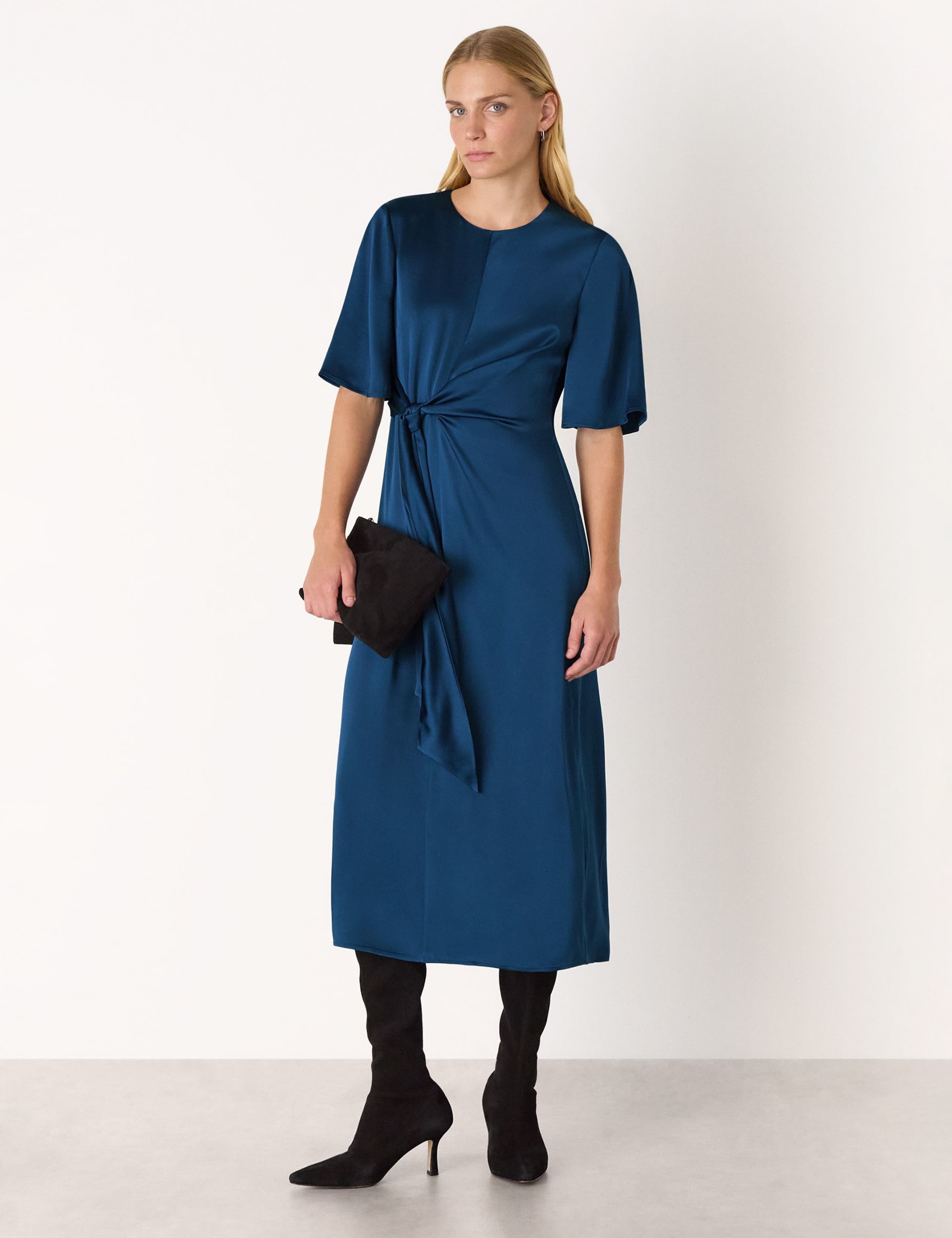 Satin Twist Front Midi Waisted Dress