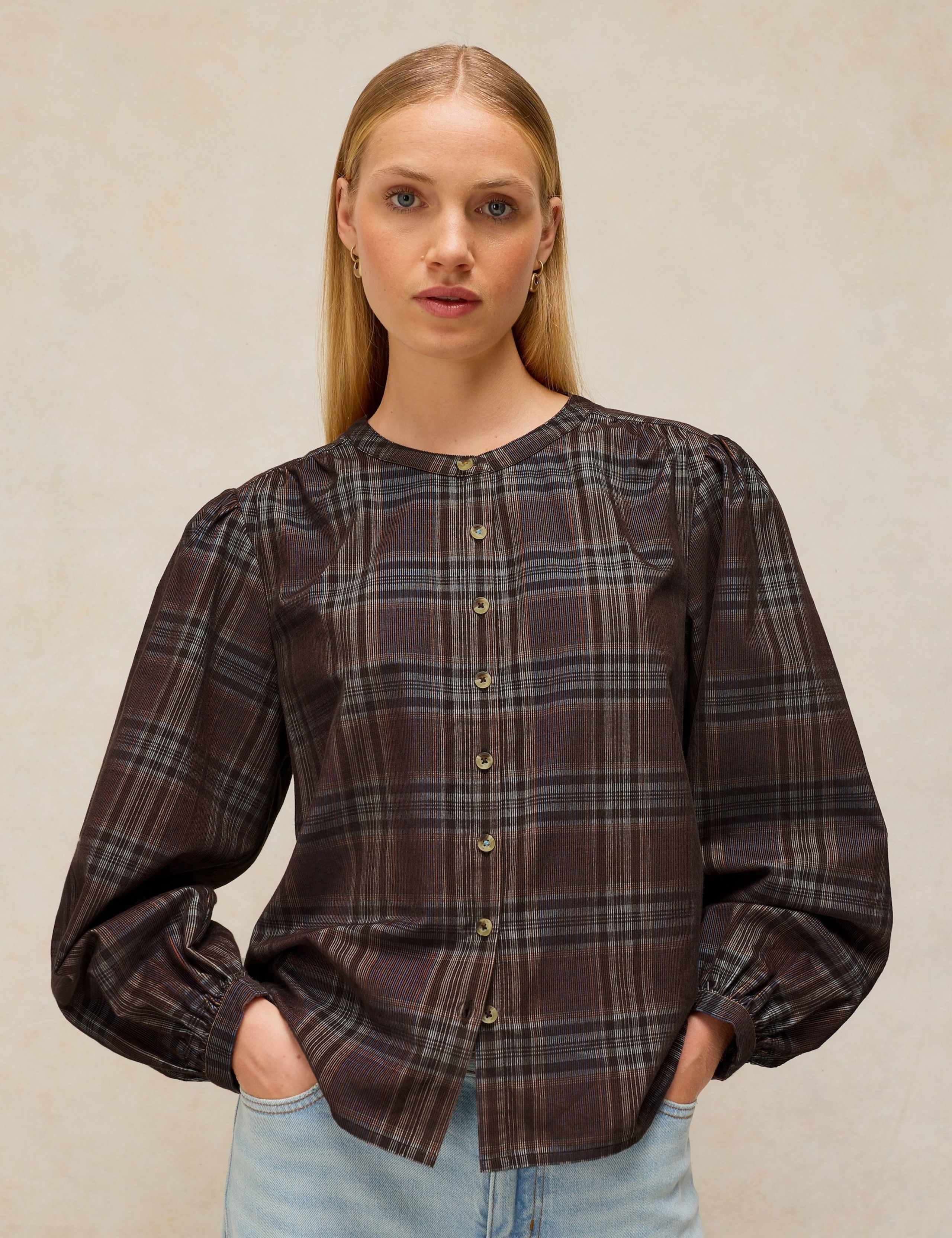 Pure Cotton Cord Checked Blouse