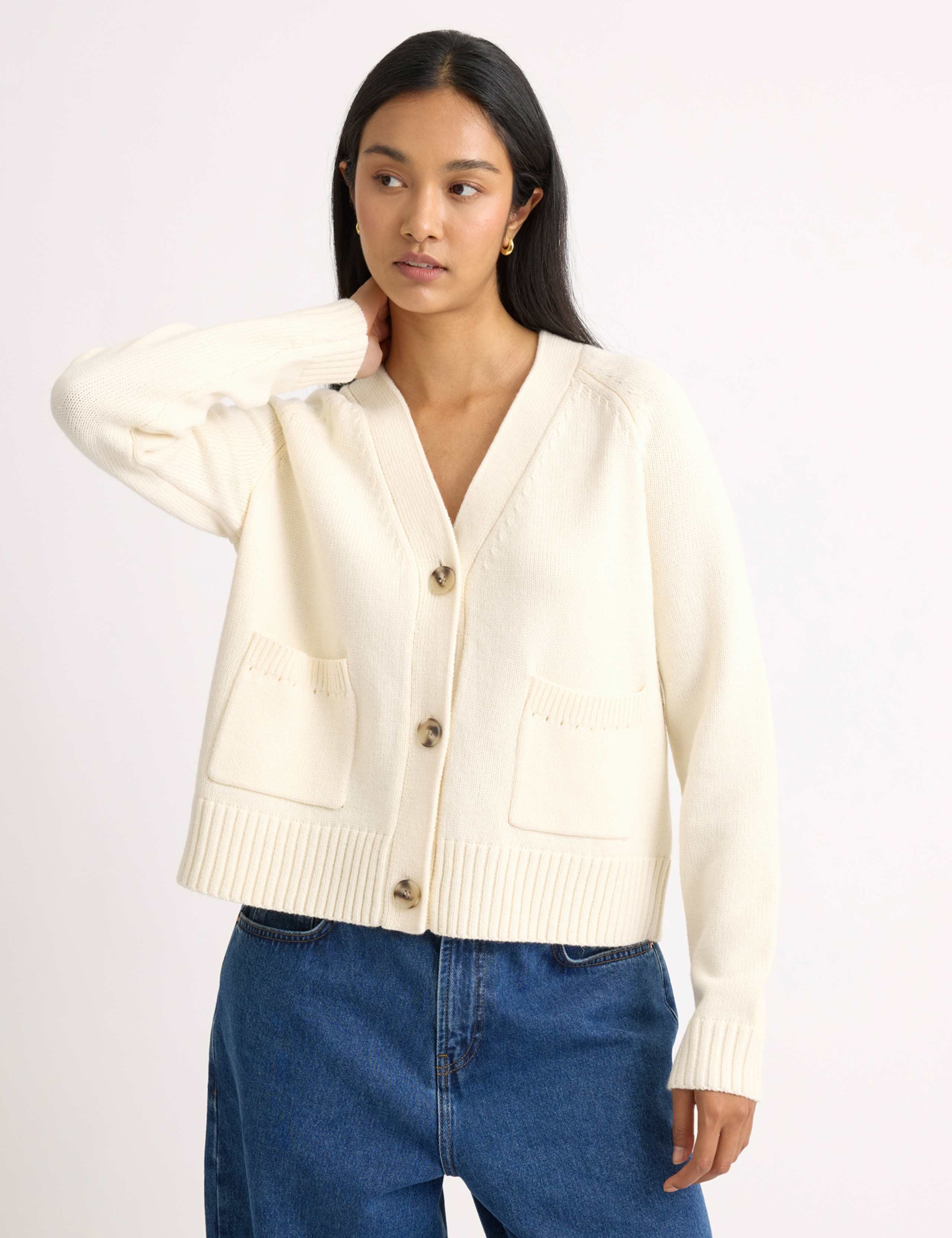 Relaxed V-Neck Button Front Cardigan with Wool