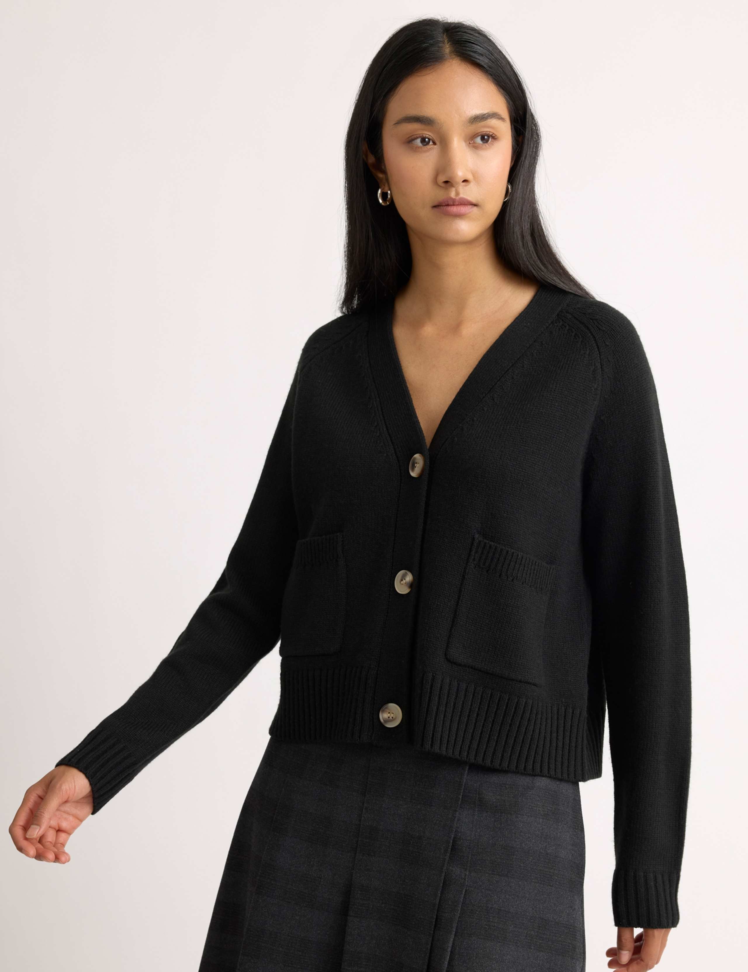Relaxed V-Neck Button Front Cardigan with Wool