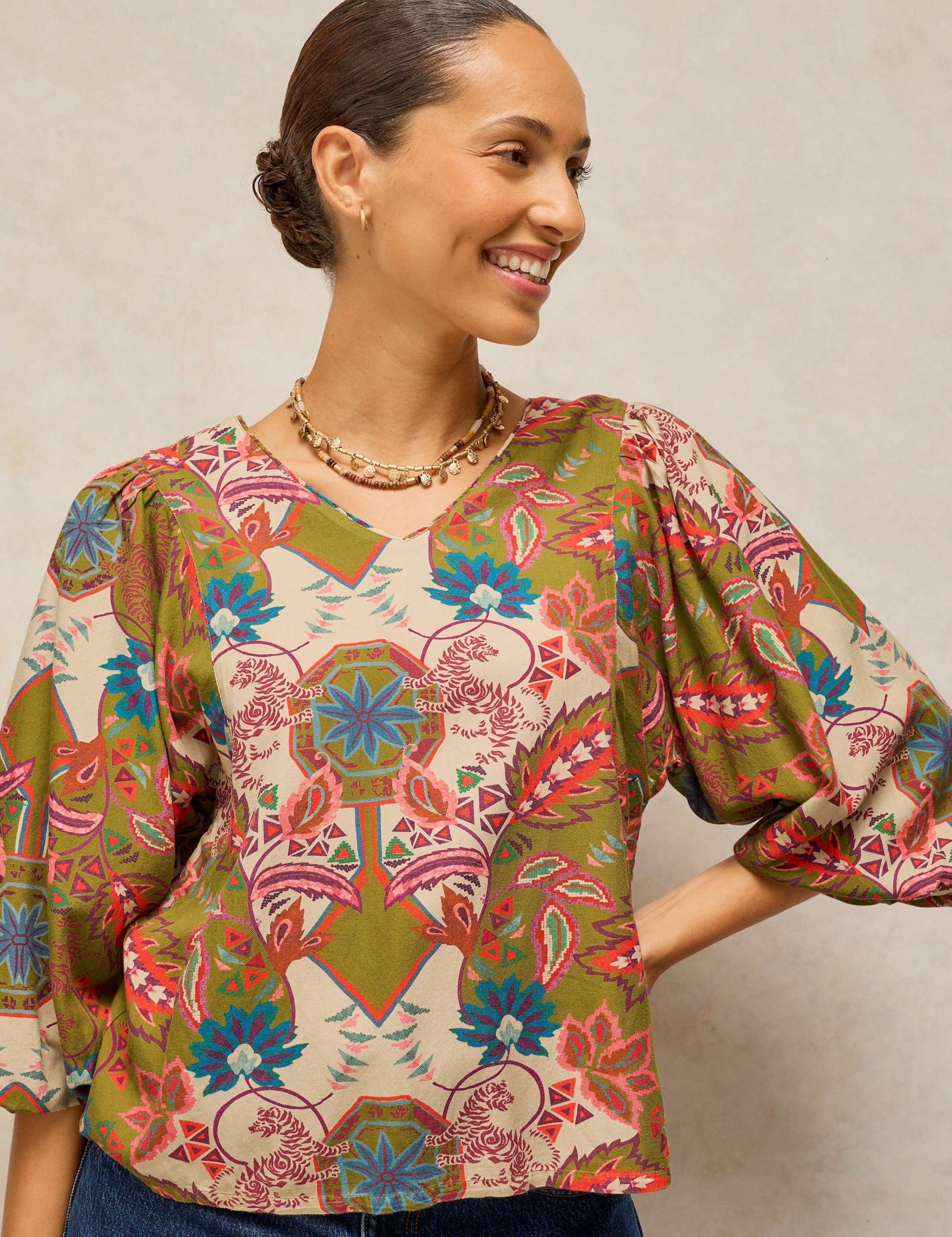 Cotton Blend Printed V-Neck Blouse