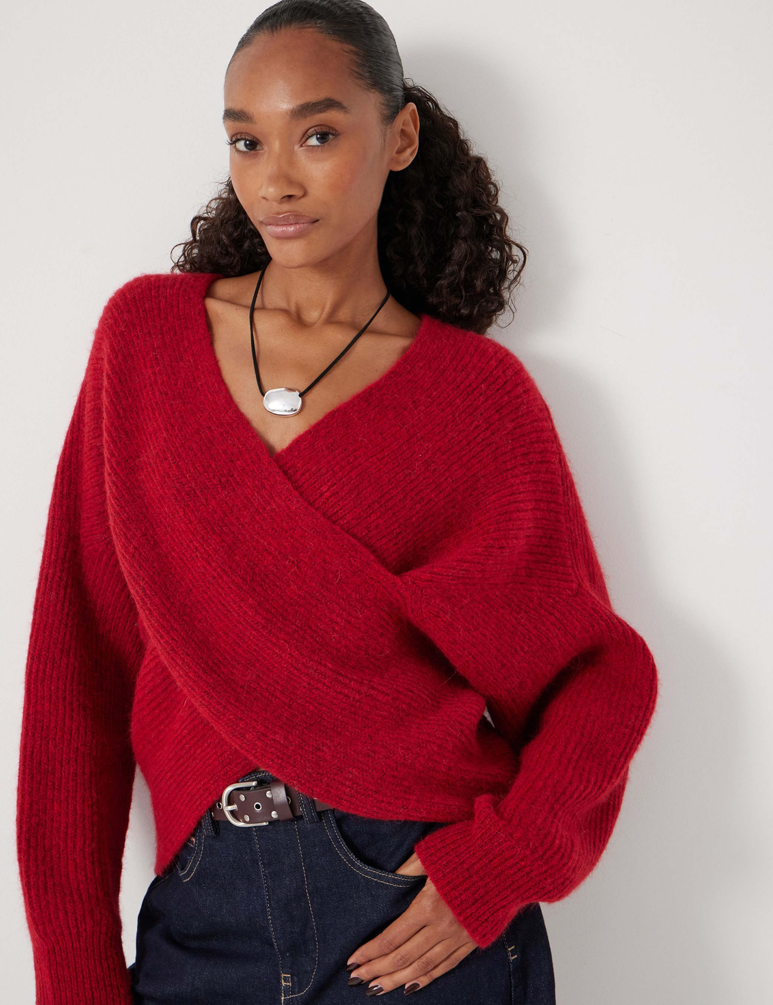 Wool Blend Ribbed Cross Front Jumper