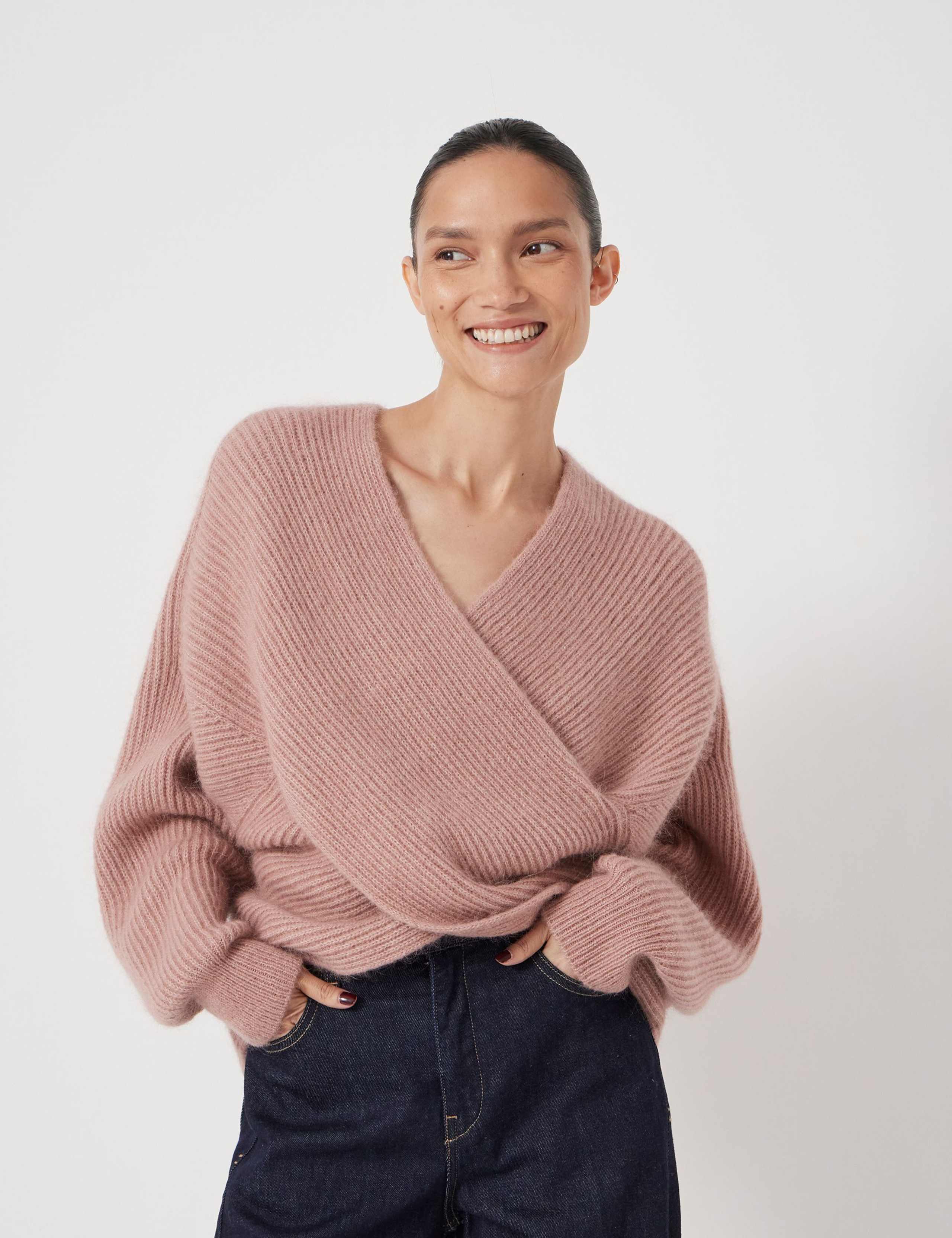 Wool Blend Ribbed Cross Front Jumper