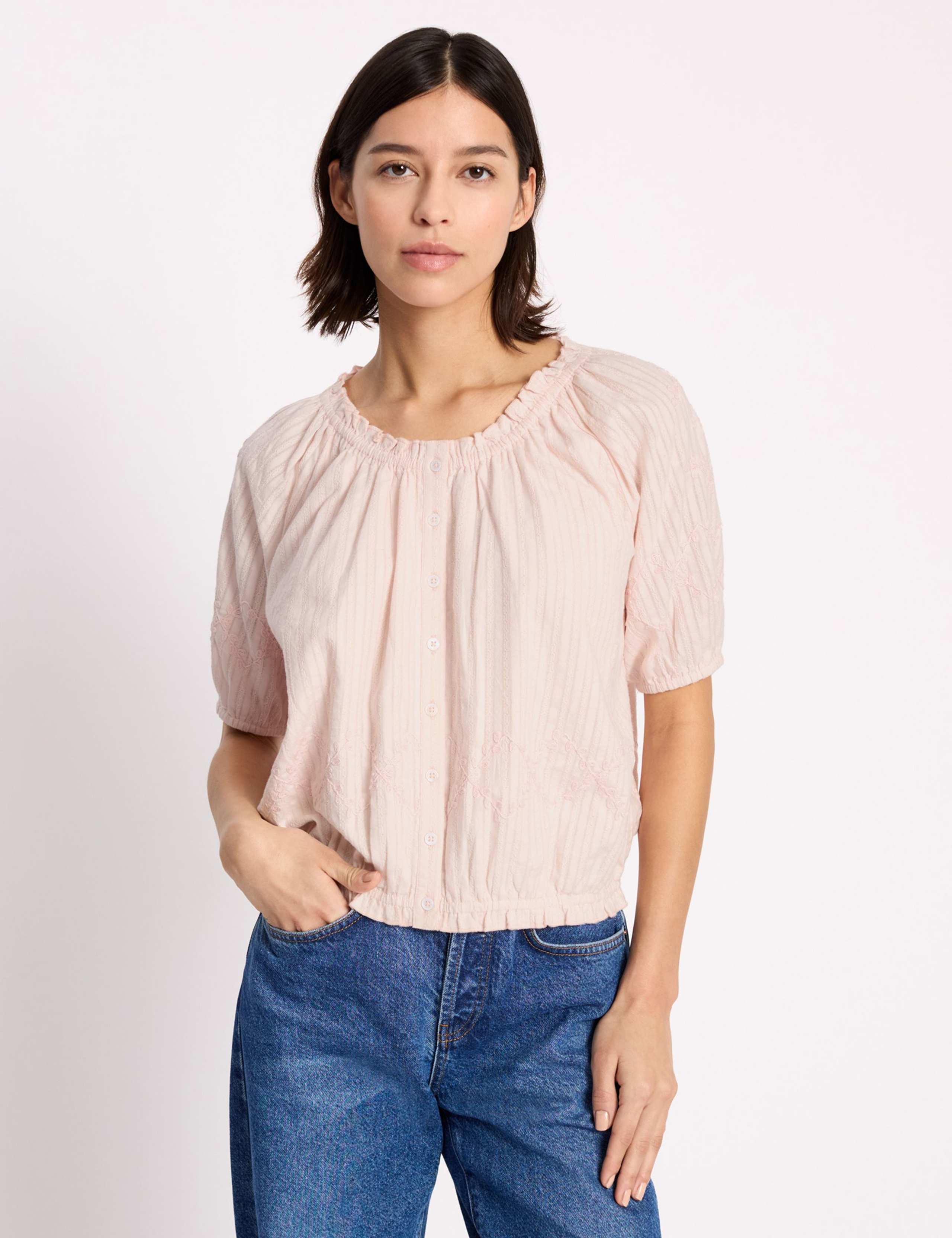 Pure Cotton Embroidered Scoop Neck Top