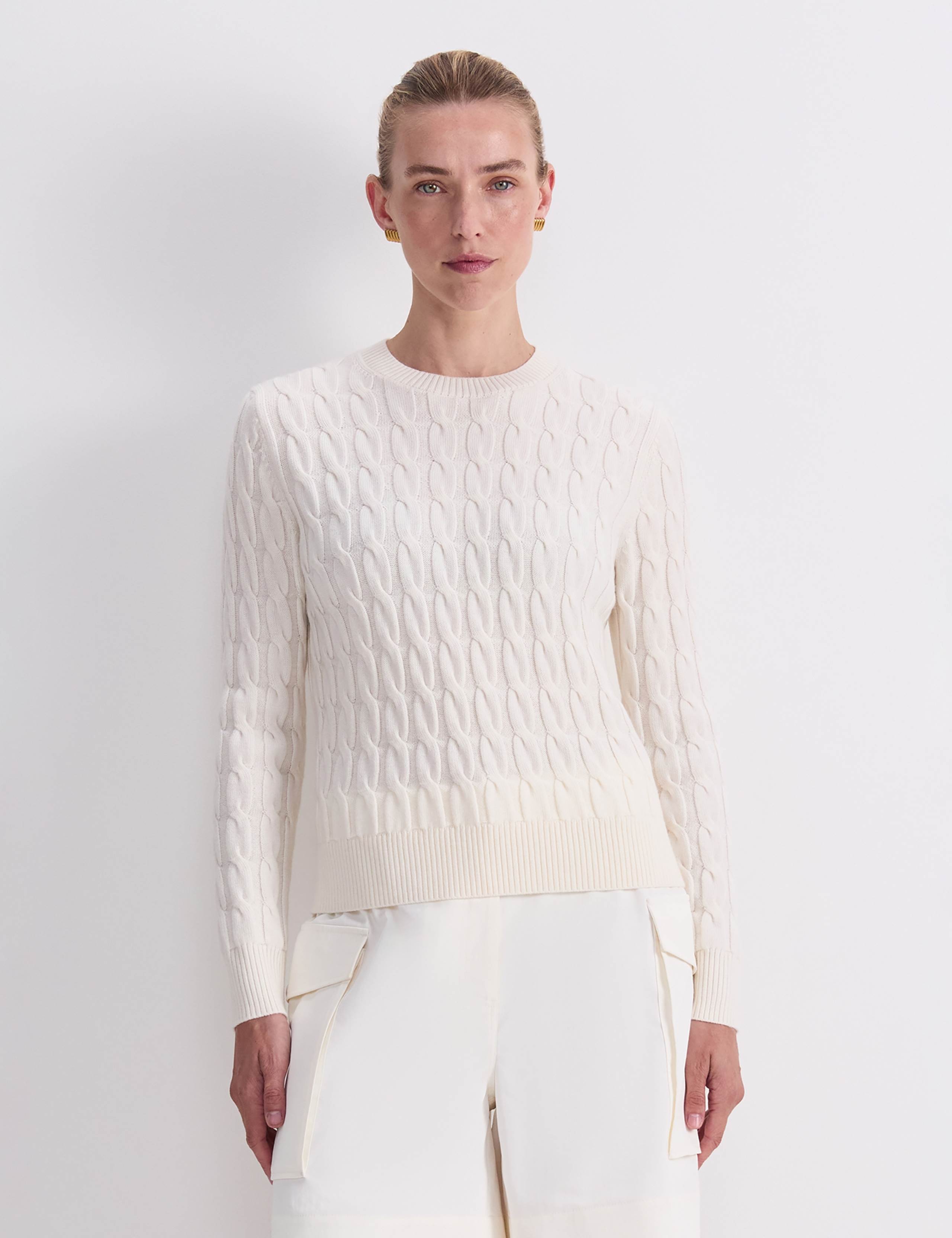 Pure Merino Wool Cable Knit Crew Neck Jumper