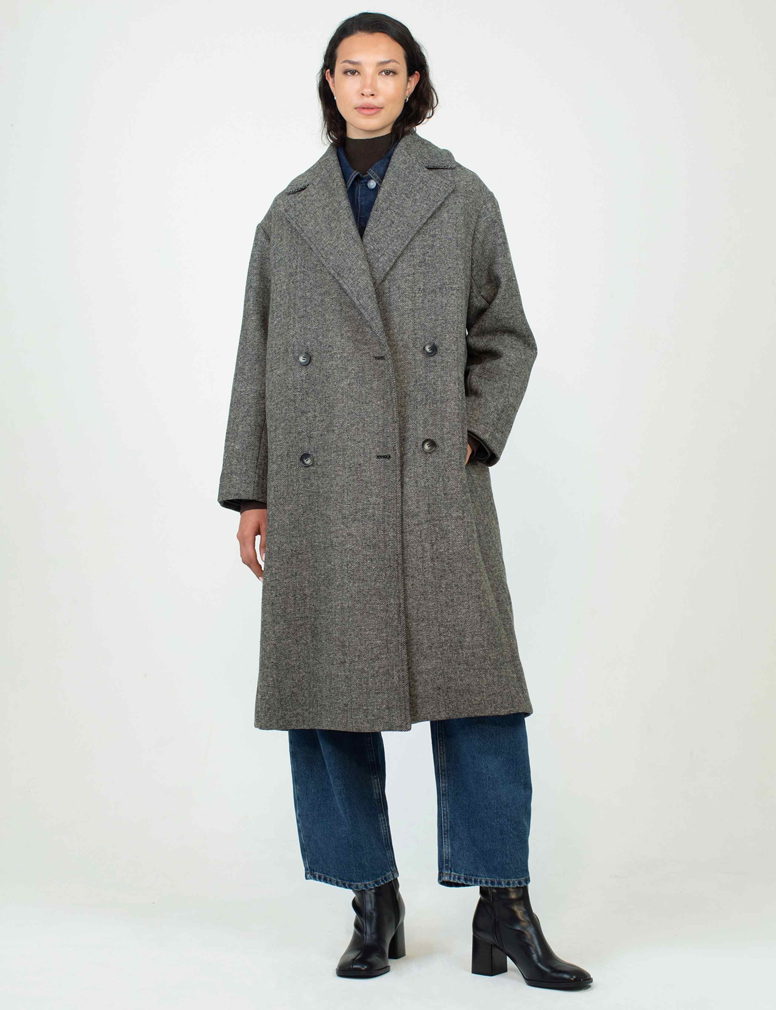 Wool Blend Herringbone Collared Longline Coat