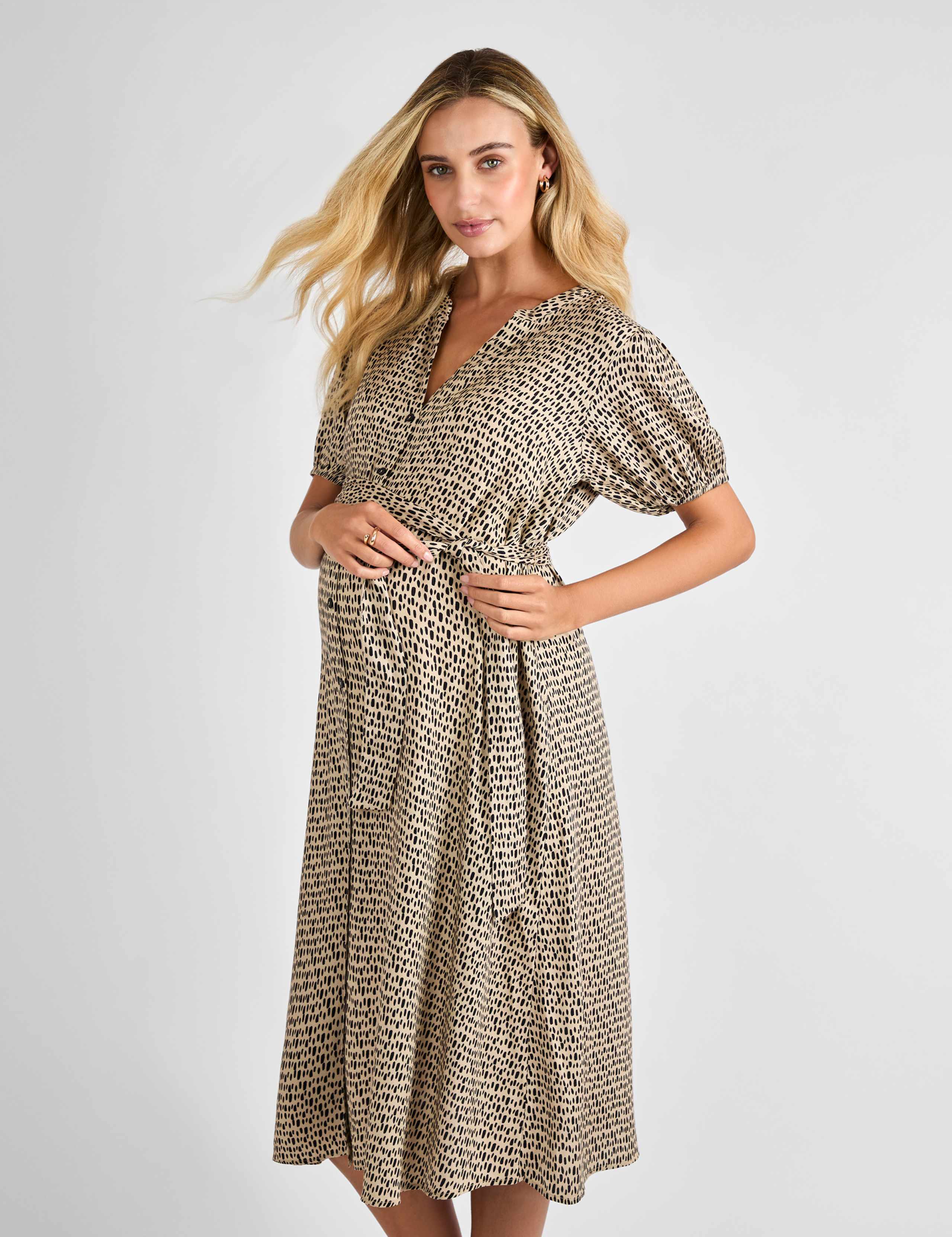Maternity Printed Belted Midi Shirt Dress