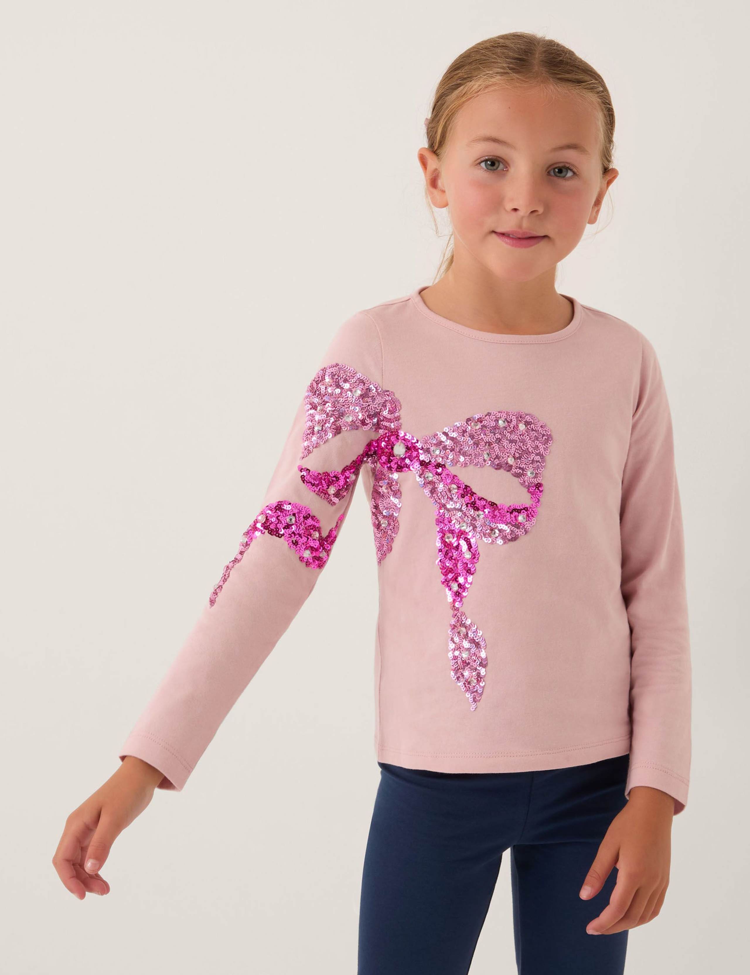 Pure Cotton Sequin Bow Long Sleeve Top (5-13 Yrs)
