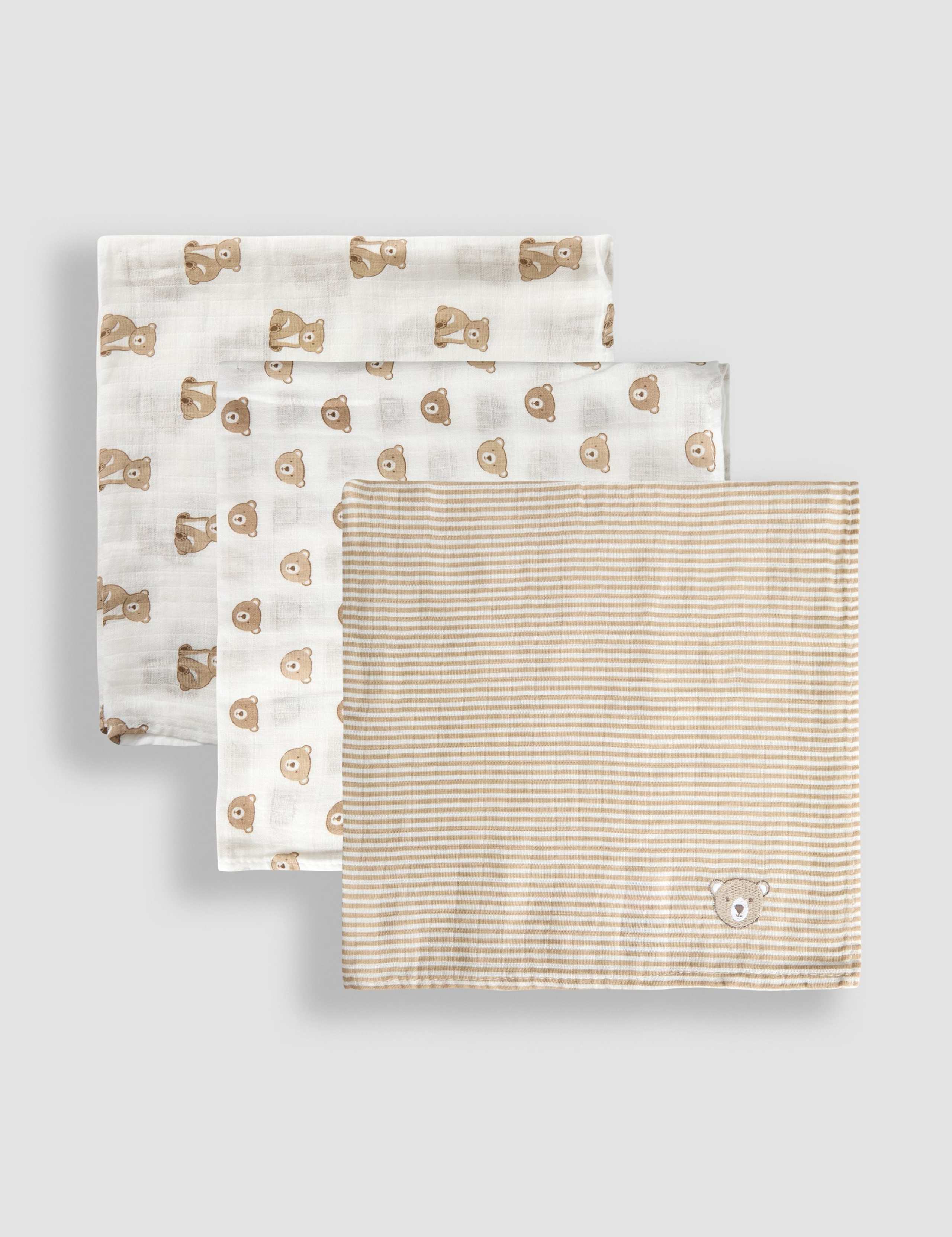 5pk Pure Cotton Bear Embroidered Muslins